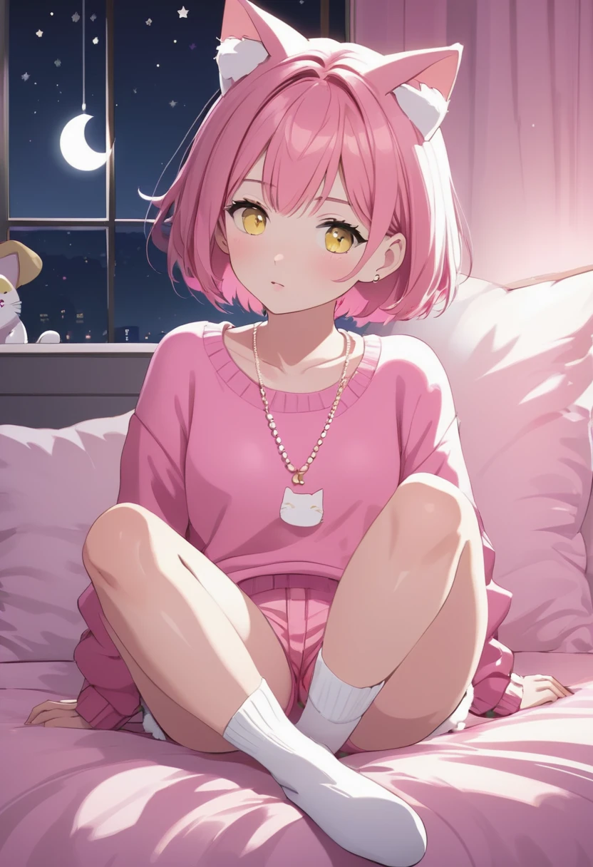 Young girl, short straight pink hair, wearing pink shorts and a pink sweater, wearing white socks, sitting on her bed, cozy modern bedroom, nighttime, white necklace, yellow eyes, cat ears