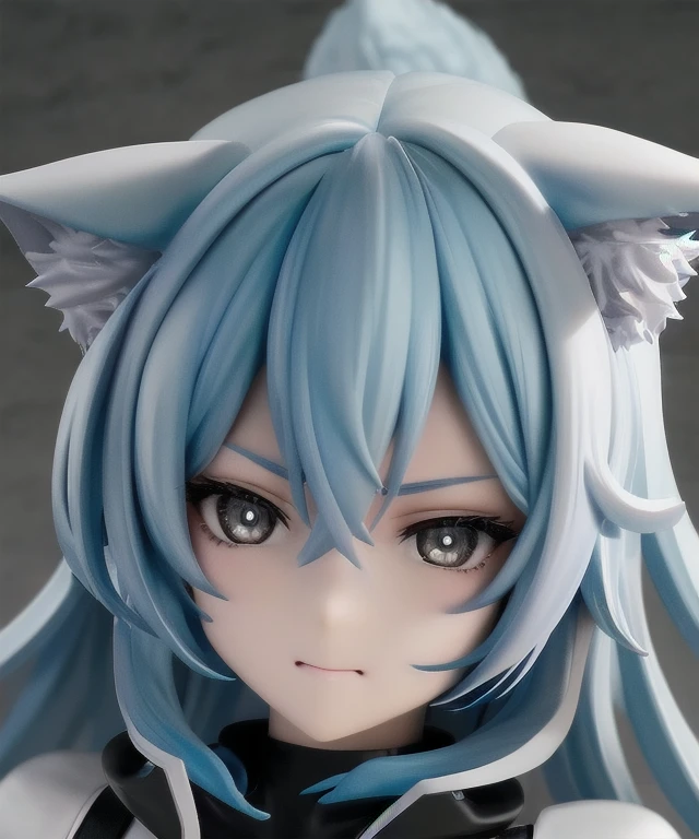 1girls, Electronic blue color, Wolf ears、 whited , color pastel、Bright atmosphere、Machine Man、White hair、Futuristic atmosphere、Despressing、White eyes、Erotic face、Staring at me