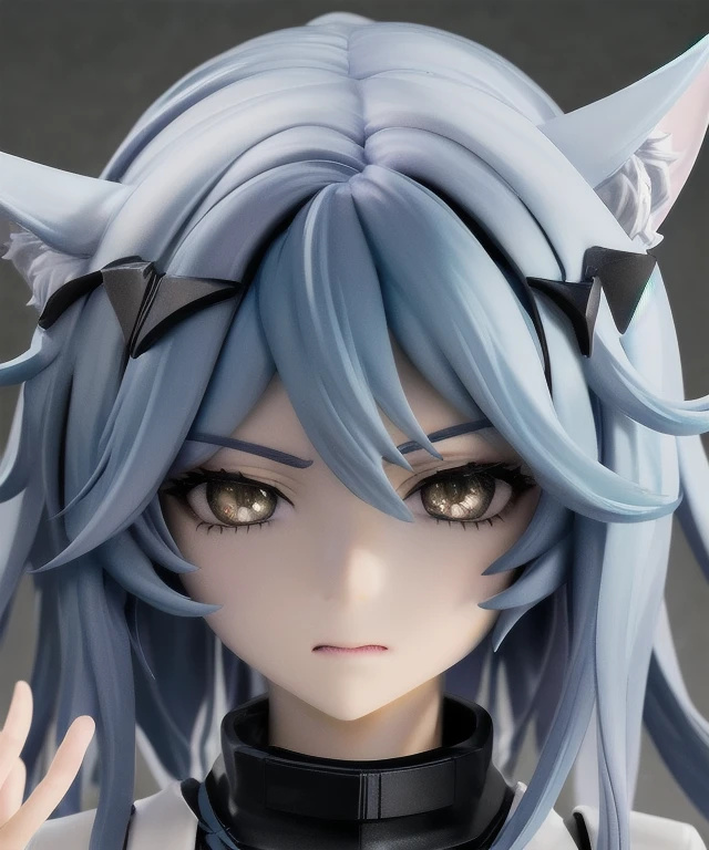 1girls, Electronic blue color, Wolf ears、 whited , color pastel、Bright atmosphere、Machine Man、White hair、Futuristic atmosphere、Despressing、White eyes、Erotic face、Staring at me