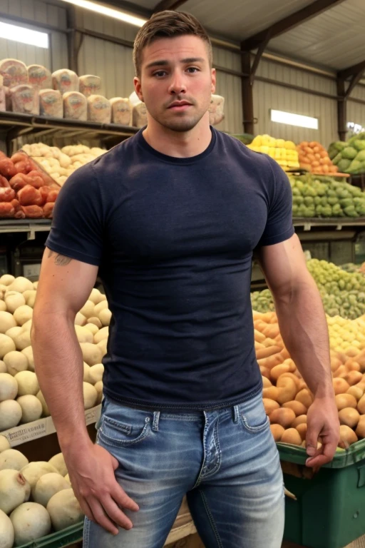 JordanBrandt, vistiendo una camiseta sin mangas y jeans, en el mercado de agricultores