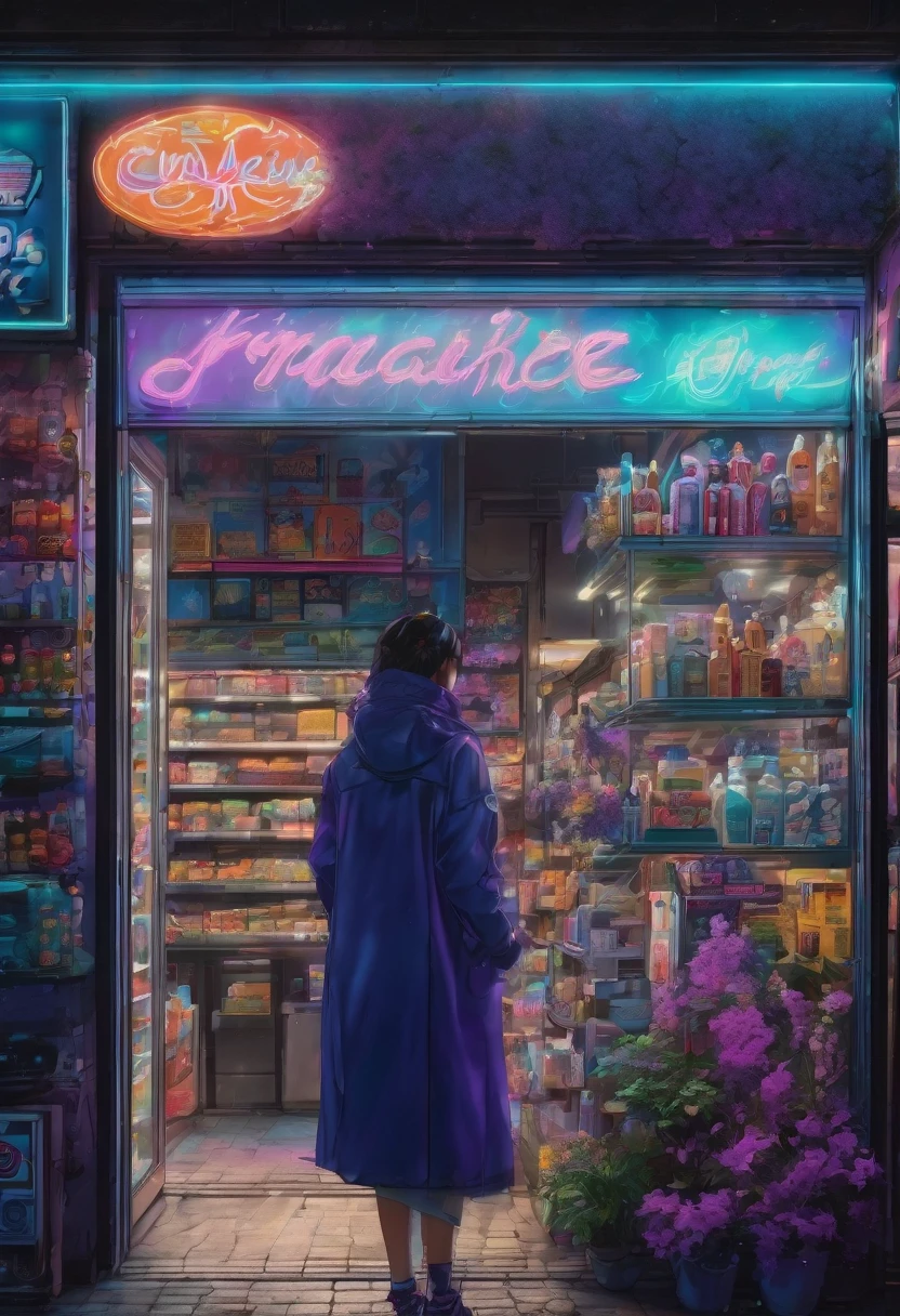 1girl, midnight convenience store, aesthetic, vibrant city lights, dimly lit shelves full of snacks and drinks, a cashier with tired eyes, fluorescent lighting casting a soft glow, late-night customers browsing the aisles, flickering neon signs outside the store, a sense of mystery and solitude, a hazy atmosphere with a touch of nostalgia, cinematic and atmospheric, high-res details capturing the smallest nuances, a combination of realism and dream-like quality, urban aesthetic blending with a hint of surrealism, cool blue and purple tones, soft shadows and subtle highlights, an ambiance that evokes a sense of tranquility and possibility in the midst of the night.