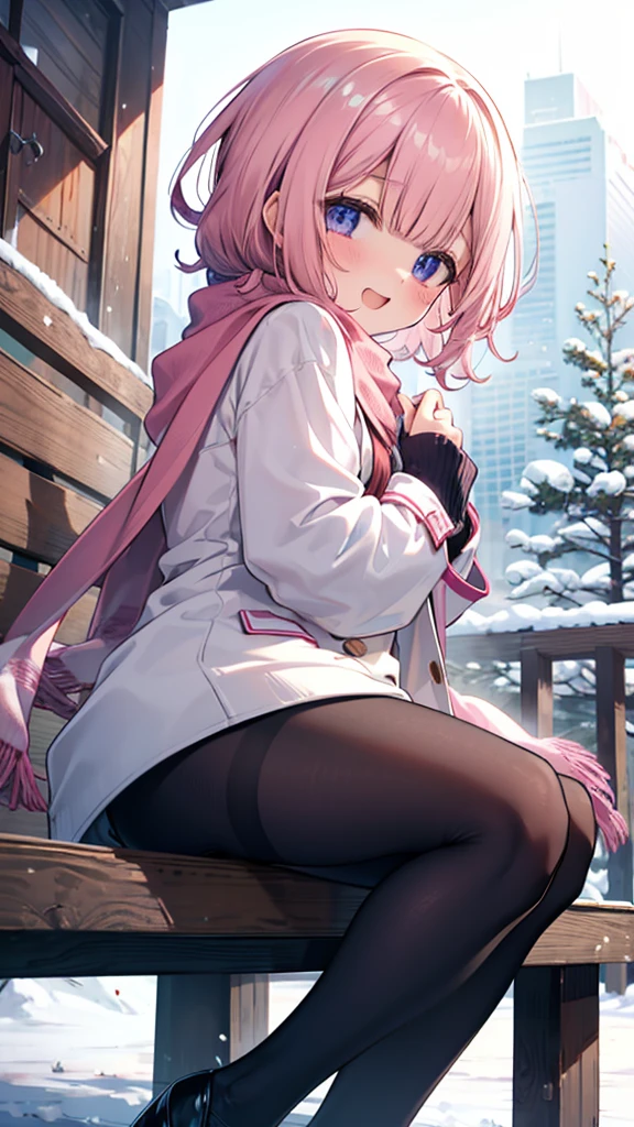 、、Shyness、blush、sit with legs stretched out、bench、顔をscarfで隠す、wear a coat、snow原、snow像、snow、cold、scarf、scarfを巻く、降snow高解像度、Full HD、8K quality、、、垂れeye、、、eyeのハイライト、生き生きとしたeye、澄んだeye、美しいeye、、口元をscarfで覆う、、look down、、、View from an angle、Side and angle view、、eyeのハイライト、、、eyeのハイライト、めちゃくちゃ美しいeye、Black tights with pink lines、turn around、look back、carefree smile、open your mouth wide、laughter、eye