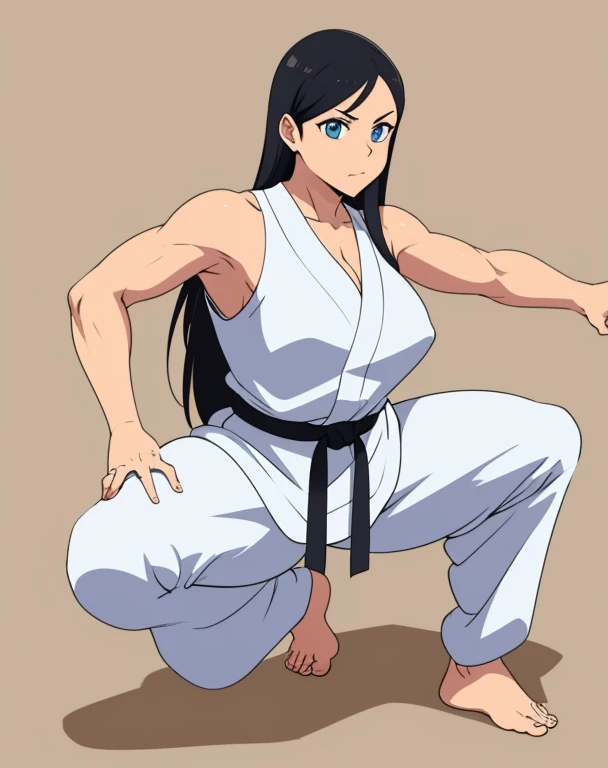 Anime woman, karate clothes, mildly muscular, toned legs, black hair, full body, curvy, barefoot, feet visible 