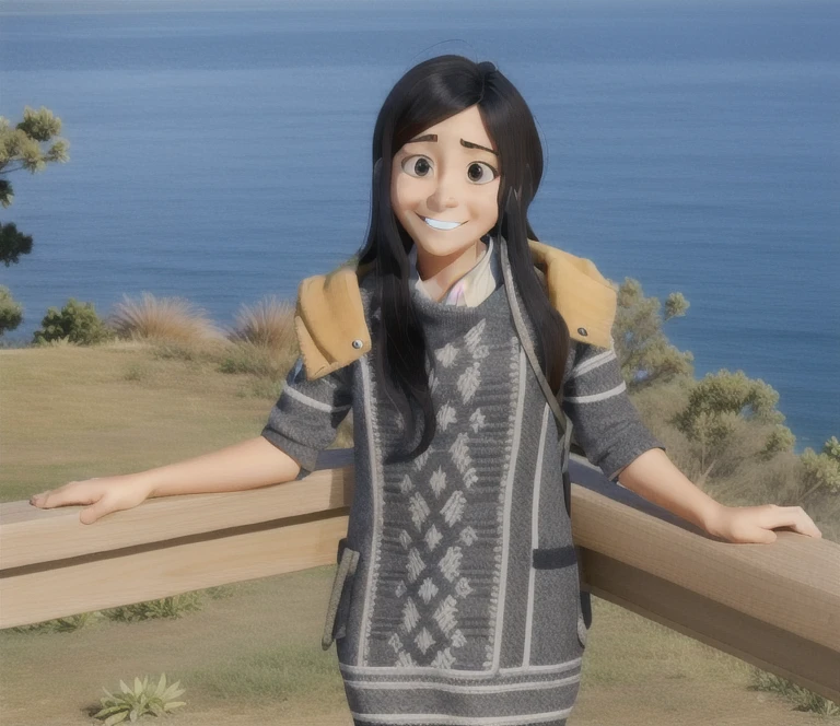 kugisaki nobara, Brown eyes, mirando al espectador, , chaqueta, dientes,  sonrisa, sonrisa,parte superior del cuerpo, solo,mangas largas, black chaqueta, By the chestnut, 1 chica, cabello corto