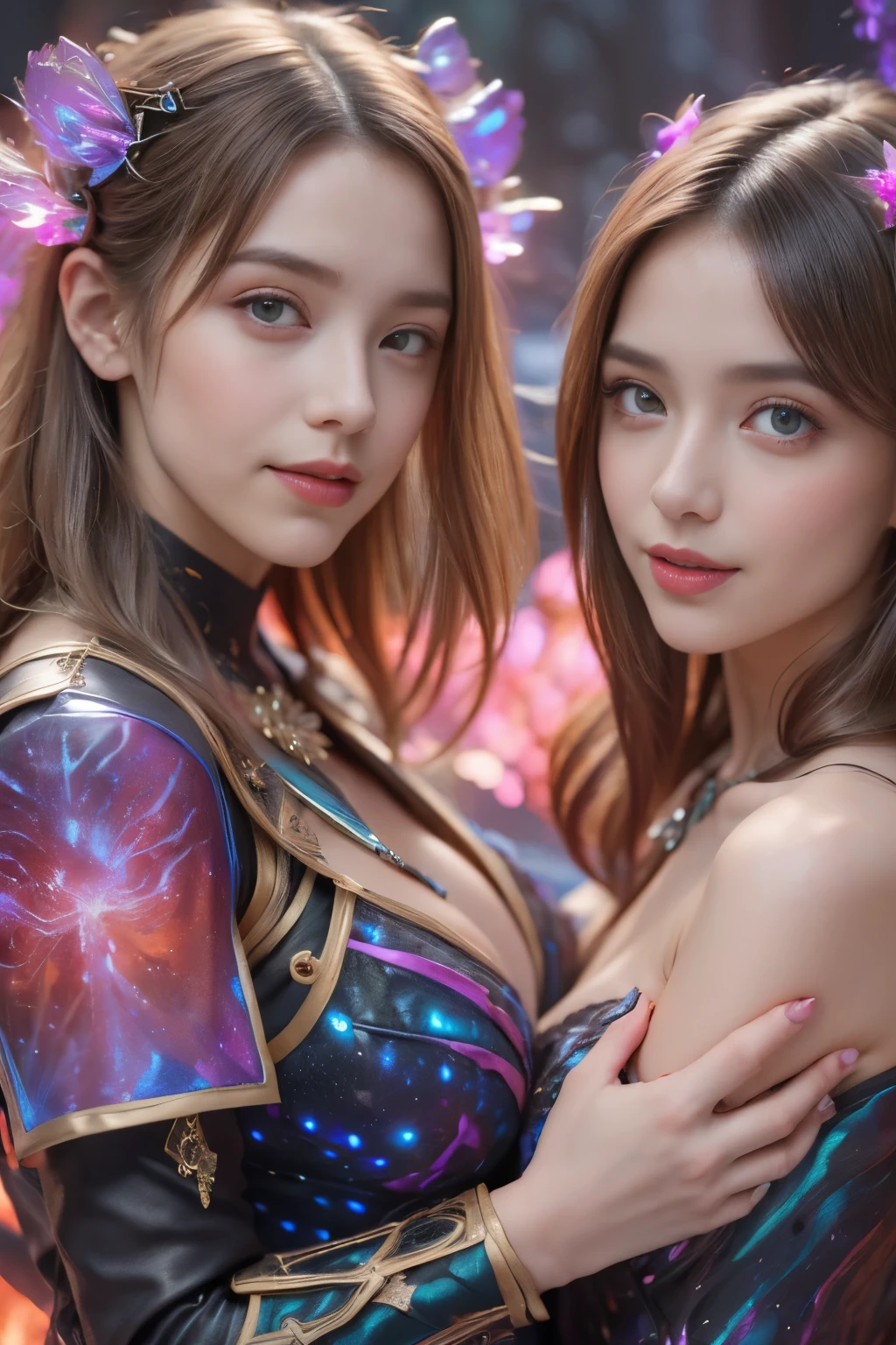 (Two beautiful teenage italian girls:1.6), Close friends, (They are hugging each other:1.2), Kiss her cheek or chest,(Detailed iridescent bodysuit with beautiful fractal or marble design:1.5), Incredible and spectacular scenes, ((High quality)), ((Detailed)), ((Fantasy)), Blue Plasma Brain, Green Plasma Body, Showing her armpits, beutiful breast,  obscenity, (Lewd smile:1.2), coarse, Obscene,  (Immoral:1.2), Lachish, (small breasts with beautiful raised pink areolas,,,:1.5), (Cameltoe), (Expression of ecstasy:1.2), Photorealistic, Official art, Unity 8K Wall , 8K Portrait, Best Quality, Very high resolution, (Incredibly beautiful nature background:1.6), (18 years old:1.5), (Sexy and glamorous:1.1), (A coquettish expression:1.6), (seductively smiling:1.6),  (erotic posing:1.9), (Model Posing:1.8), Beautiful seductive face, Portrait, (Thick eyebrows:1.4), (Big scarlet eyes:1.6), Beautiful eyes with fine symmetry, (Ultra detailed eyes:1.4),(Highly detailed face and eyes:1.7), (High-resolution red-eye:1.8), Intimate face, (ultra detailed skin texture:1.4), White skin, pale skin, Perfect Anatomy, Thin, (Beautiful toned body:1.5), Highly detailed hair,  (Moist skin:1.2), No makeup, (dark circles:1.1), Good anatomy, Focus Face, good-looking, (Emilia Clark:0.6) (Emma watson:0.3),(Jennifer Connelly:0.4),  Elegant face, Nice,  (A delicately crafted necklace is wrapped around her neck...), (Bioluminescence with brilliant brilliance:1.4), (Luminous magic circle:1.5), Ruins of an ancient castle, Shining majestic cloud masses and sky, lightning bolt, Epic Realistic, (Greg Rutkowski:0.8), (teal and orange:0.4), (Art Station:1.5), Cinematic, (NSFW:1.2),  Hyper Detailed, Dramatic light, (Intricate details:1.1), Beautiful black hair,　(Wearing a gauntlet with a dense and very beautiful design decorated with jewels:1.1), , Galaxy, (nebulas:1.6), The Dark Knight, Fully armored body focus