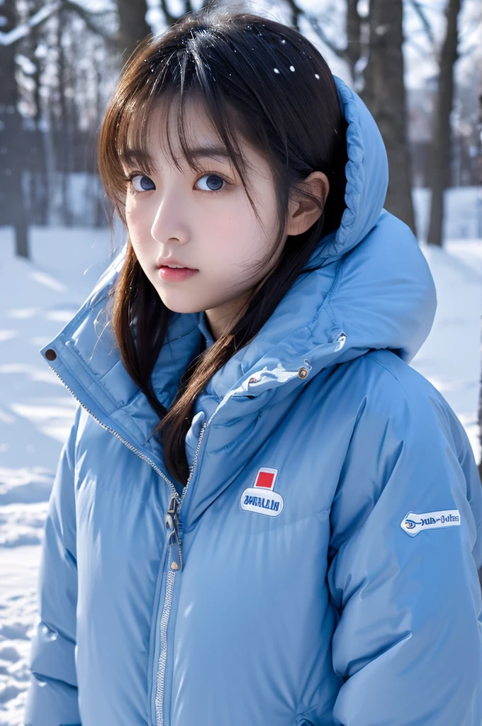 ultra realistic, 16K UHD photo of a 20-year-old Japanese girl, wearing an extremely puffy and glossy light blue down-filled puffer jacket, high collar fully zipped up, in a winter snowstorm, snow everywhere, heavy snow falling, misty environment, soft diffused lighting, highest quality, masterpiece, perfect figure, big eyes,