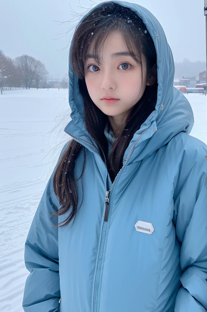 ultra realistic, 16K UHD photo of a 20-year-old Japanese girl, wearing an extremely puffy and glossy light blue down-filled puffer jacket, high collar fully zipped up, in a winter snowstorm, snow everywhere, heavy snow falling, misty environment, soft diffused lighting, highest quality, masterpiece, perfect figure, big eyes,