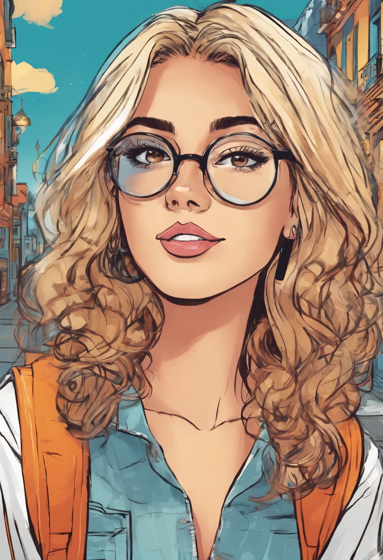 Garota de cabelo curto, round glasses with college clothes 