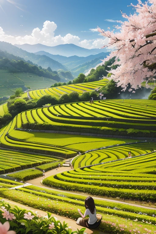 best quality，actual，real life，photography，masterpiece，best quality，There are several cherry blossoms in the tea field，Terraces，Dotted in the tea fields，Cherry blossoms are blooming one by one in the tea field，Structured，colorful，big scene，No characters required，Terraces，Terraces，Terraces樱花在田中