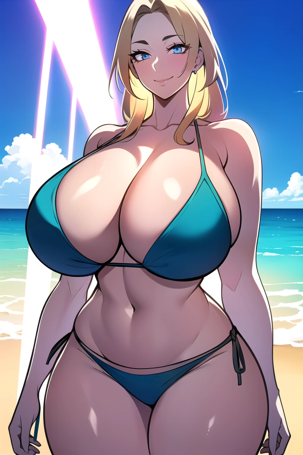 ultra realistic 8k cg, masterpiece, ((ultra detailed background,  intricate detail, highly detailed, fine details best quality, hyperdetailed face)), ???????????????? ,beautiful lighting, absurdres, BoaHancockV2,  1girl, solo, (blonde hair), long hair, jewelry, closed mouth, ), ( ???? shoulders, (tight ??????: 1.4), curvy, midriff, curvy, thighs, shiny clothes), blue eyes, outside, beach), ((cowboy shot)), curvy, (????????????????: 1.1), seductive smile, cowboy shot,