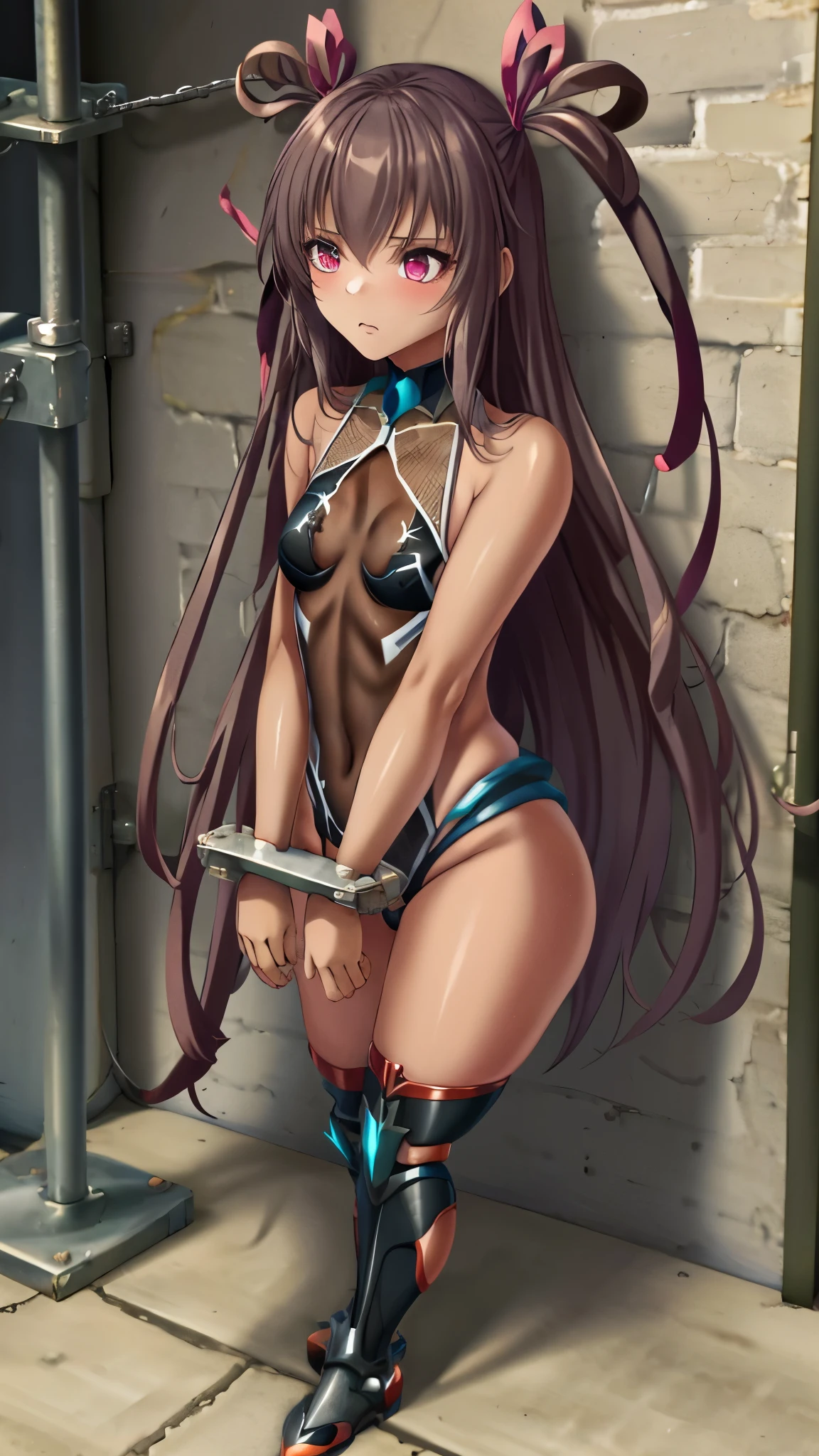 8K,highest quality,masterpiece, High resolution, ,(highest quality:1.1), (masterpiece:1.4), (absurd:1.0), portrait, 1 girl、Mizuki Yukikaze, flat tits ,skinny, hair ribbon, ((black leotard)),(((Taimanin Suit))), perfect finger,thigh boots,(((prison))),((inside the cage)),(prisonの中),(prison), beautiful arms, bare arms , ((Slave with Stocks)) ,