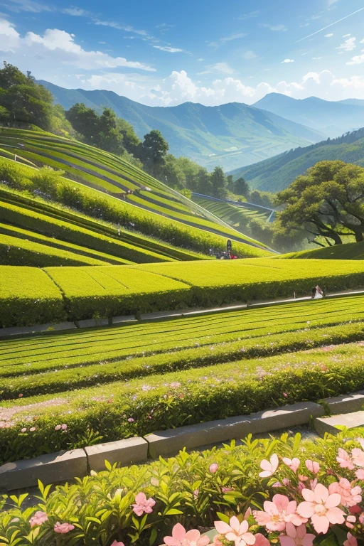 best quality,actual,real life,photography,masterpiece,best quality,There are several cherry blossoms in the tea field,Terraces,Dotted in the tea fields,Cherry blossoms are blooming one by one in the tea field,Structured,colorful,big scene,No characters required,Terraces,Terraces,Terraces樱花在田中