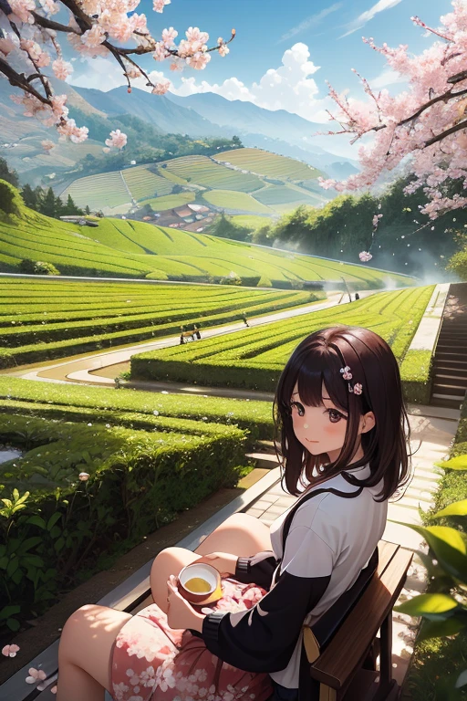 best quality,actual,real life,photography,masterpiece,best quality,There are several cherry blossoms in the tea field,Terraces,Dotted in the tea fields,Cherry blossoms are blooming one by one in the tea field,Structured,colorful,big scene,No characters required,Terraces,Terraces,Terraces樱花在田中
