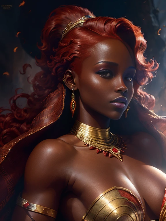 (Lupita Nyong'o as Red Sonja), (muscular body), ((red hair)), master piece, best quality, ((realistic)), ((1 person)), 8K picture quality, extremely delicate and beautiful, magnificent, Official art with attention to detail, Ridiculous, unbelievable Ridiculous, huge file size, ultra-detailed, highly detailed, (Pretty girl), (Detailed and girl), ((Perfect female figure)), Slim waist, With a powerful presence, Digital Art, Artgerm, hyperdetails, Top Fade, Cowboy Shot, Dark Fantasy, Mons Pubis, NSFW