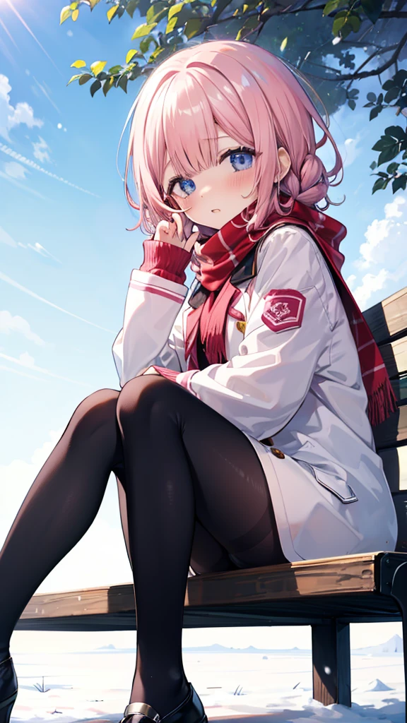 、、Shyness、blush、embarrassing、blush、、、sit with legs stretched out、bench、顔をscarfで隠す、wear a coat、snow原、snow像、snow、cold、scarf、scarfを巻く、降snow高解像度、Full HD、8K quality、、、droopy eyes、、、eye highlights、lively eyes、clear eyes、beautiful eyes、、口元をscarfで覆う、、look down、avert your eyes、embarrassing、blush、、View from an angle、Side and angle view、、eye highlights、、、eye highlights、めちゃくちゃbeautiful eyes、Black tights with pink lines、turn around、look back、