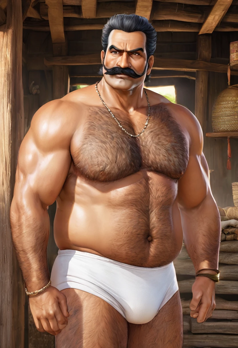 (Ultradetailed, beautiful, masteripiece extremely detailed face extremely detailed emotional eyes, detailed muscles , detailed belly, white body hair , white chest hair, realistic cock bulge print, ) (view realistic full body barefeet), ((1man)), (object (big belly, kibirati ,daddy 50s , fat, hefty, burly, hairy body, thick legs, hairy body, sexy, standing wearing kibirati tradional men underwear with face up wearing radational kibirati clothing dominant,daddy ,horny facial expression , shirtless), ( facial hair, moustache, no beard, dominant, indian daddy, face thick hair, white chest hair, strong character, strong muscle), (background (sunny , inside indian village hut)), ( ponography photography (50mm lens, cinematic, cinematic color)