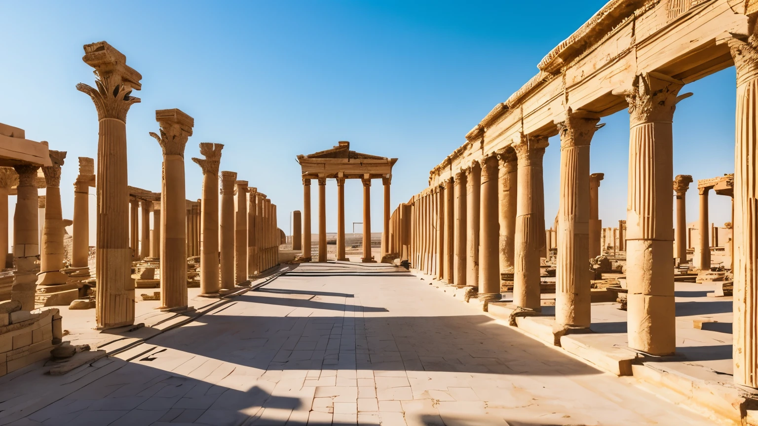 "Imagine a cinematic aerial shot of the ancient city of Palmyra at the height of its splendor during the reign of Queen Zenobia. The camera, soaring high above the majestic ruins, captures the sprawling expanse of the cityscape, with its iconic colonnades, towering temples, and bustling marketplace.

The sunlight bathes the sandstone buildings in a warm, golden glow, casting long shadows that stretch across the dusty streets below. Palm trees sway gently in the breeze, their fronds whispering secrets of centuries past as they dance against the backdrop of a brilliant blue sky.

In the distance, the majestic silhouette of the Temple of Bel rises up from the desert sands, its ornate carvings and intricate mosaics a testament to the wealth and cultural richness of the city. The soundtrack echoes with the vibrant sounds of daily life in ancient Palmyra, from the clamor of merchants haggling in the market to the laughter of children playing in the shaded courtyards.

This cinematic tableau transports viewers back in time to witness the splendor and majesty of one of the ancient world's greatest cities, where art, culture, and commerce flourished under the enlightened rule of Queen Zenobia."