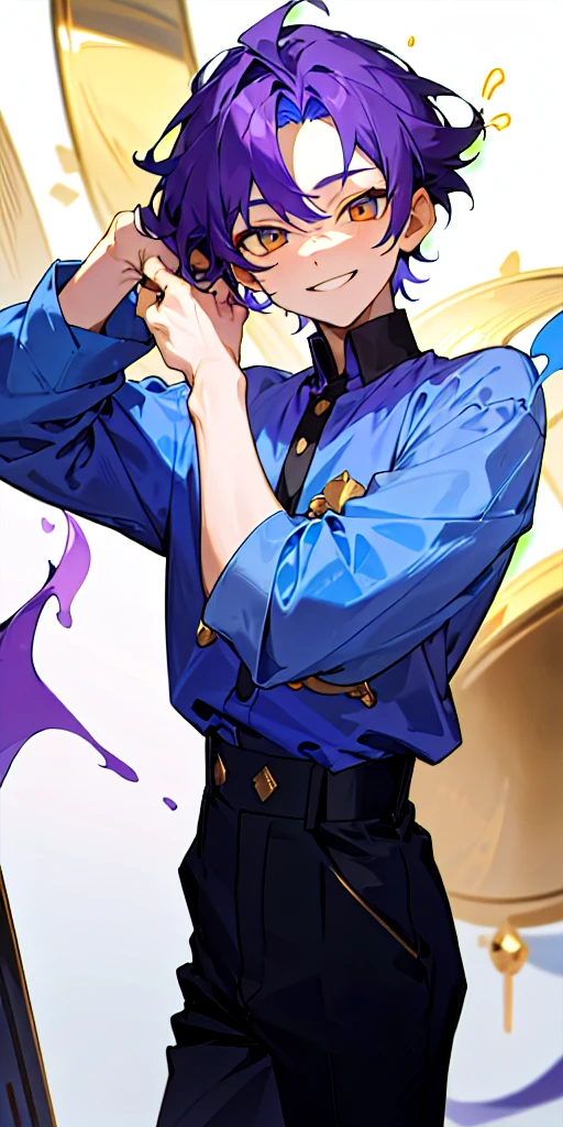 (masterpiece, best quality),1boy of 10 years old who has purple hair and golden eyes wearing a blue shirt and black pant smiling 