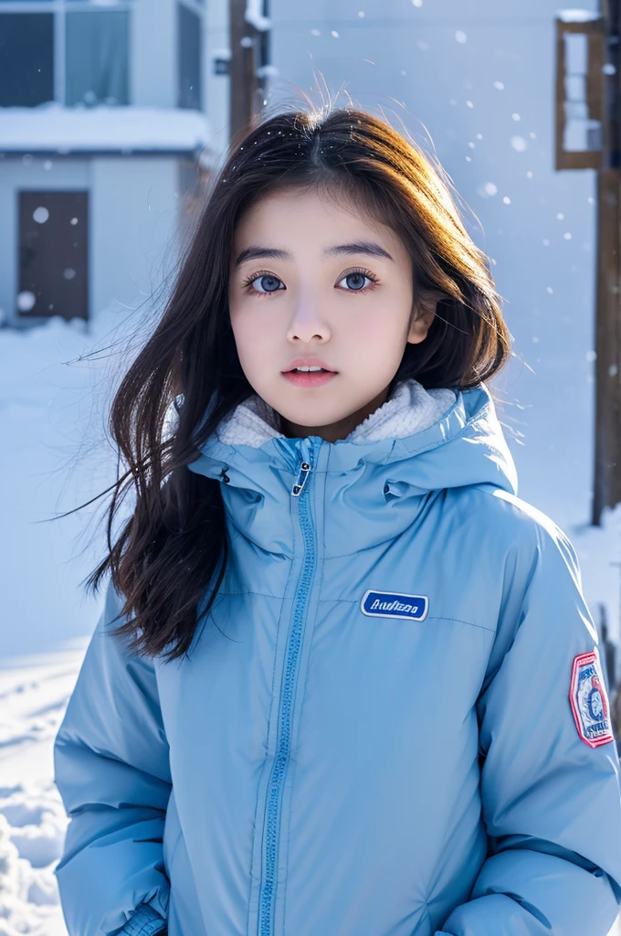 ultra realistic, 16K UHD photo of a 20-year-old Japanese girl, wearing a light blue puffer down jacket, high collar fully zipped up, in a winter snowstorm, snow everywhere, heavy snow falling, misty, soft diffused lighting, highest quality, masterpiece, perfect figure, big eyes,
