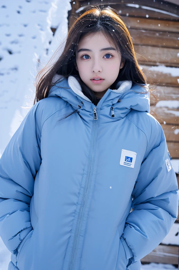 ultra realistic, 16K UHD photo of a 20-year-old Japanese girl, wearing a light blue puffer down jacket, high collar fully zipped up, in a winter snowstorm, snow everywhere, heavy snow falling, misty, soft diffused lighting, highest quality, masterpiece, perfect figure, big eyes,