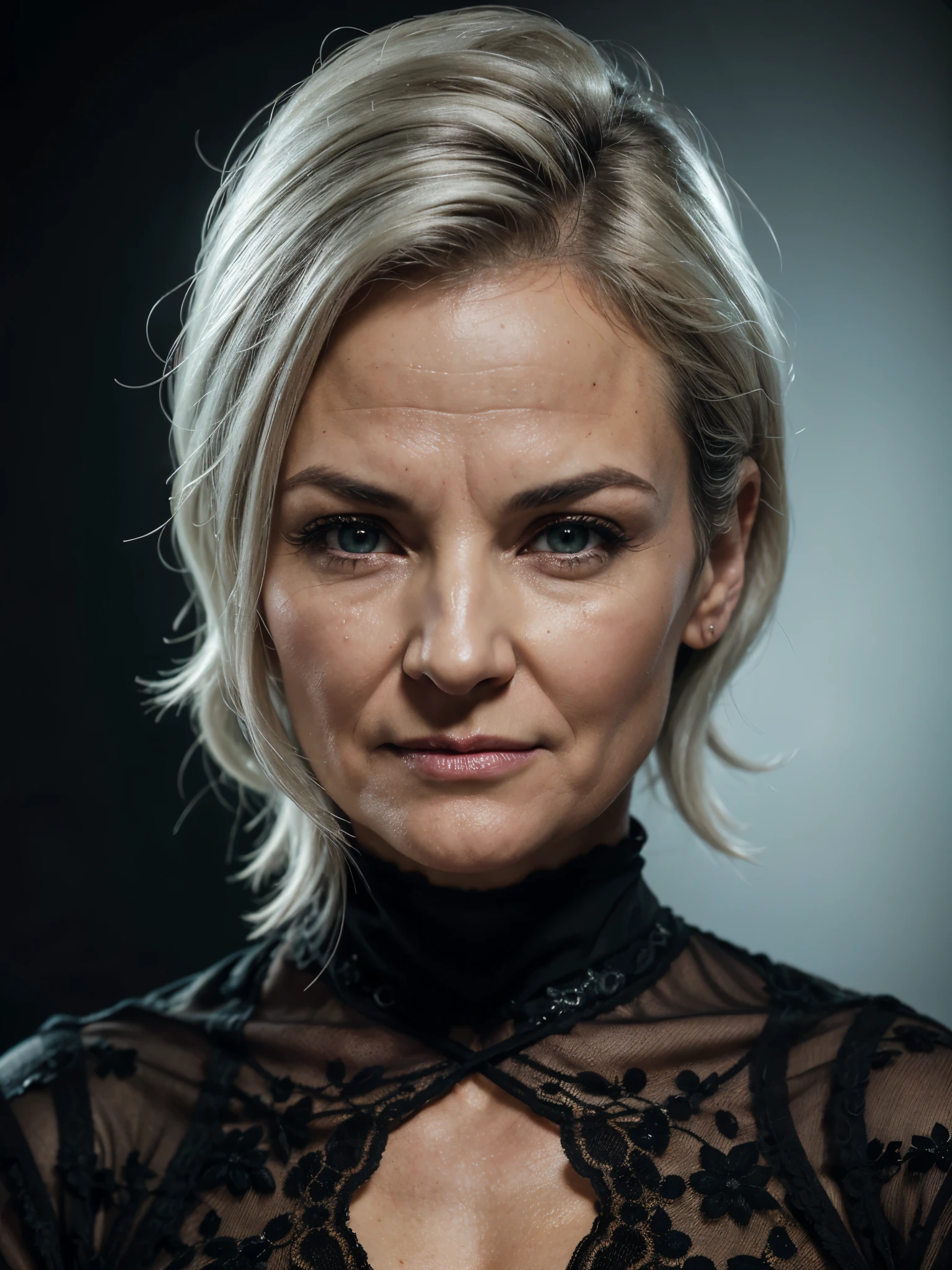 45 years old,(A MILF:1.2), a captivating gaze, green eyes, (A lot of wrinkles on her face:1.4), Old Woman Carla Gugino lookalike, Detailed wrinkles (8K, High resolution, ultra-quality, An ultra-high picture quality, Ultrarealistic, Best Quality:1.2) (large D-cup breast:1.1), (Old Woman in Colombia), eyes visible through hair, with silver white hair bobbed hair, Proper eye position, Cinematic Light, Soft light, lower back, night time, detailed color graded background, Convoluted, highly detailed, 8K, Overall silhouette, posing professionally on a black geometric background, wearing dark fancy clothes, Looking straight at the camera