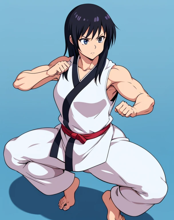 Anime woman, karate clothes, mildly muscular, toned legs, black hair, full body, curvy, barefoot, feet visible 