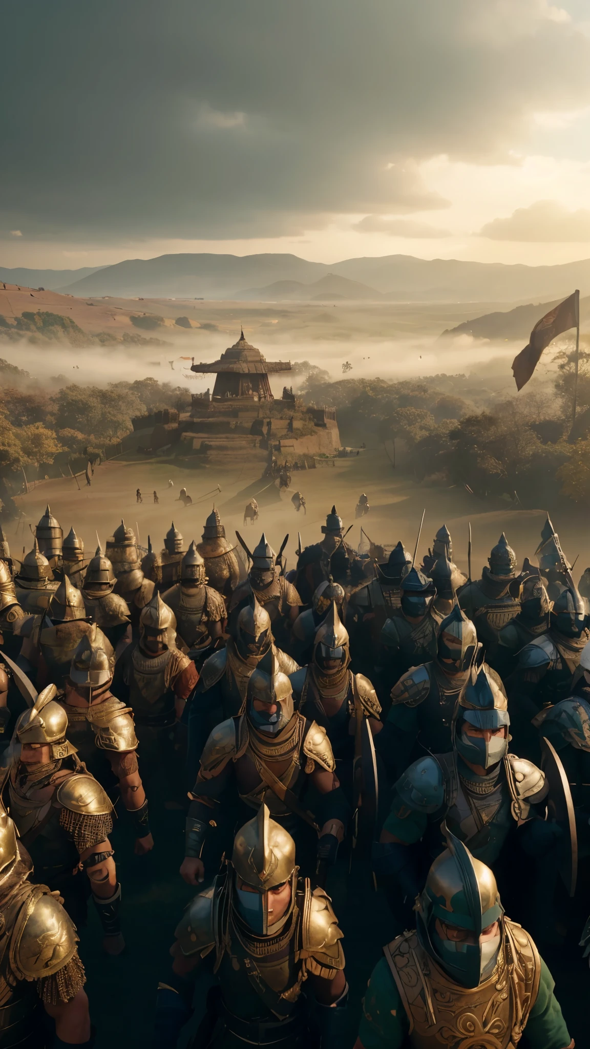 A powerful, realistic depiction of the armies assembled at Kurukshetra, ready for battle. The scene captures a multitude of warriors dressed in detailed, traditional Indian armor, highlighting the division between the Pandavas and Kauravas. Emotion: Tension and readiness. Lighting: Dramatic early morning, with soft mist and the sun rising in the background. Scene: Expansive battlefield, richly detailed with banners and chariots, set against a backdrop of distant mountains. Style: Photo-realistic with sharp focus and rich, vibrant colors.