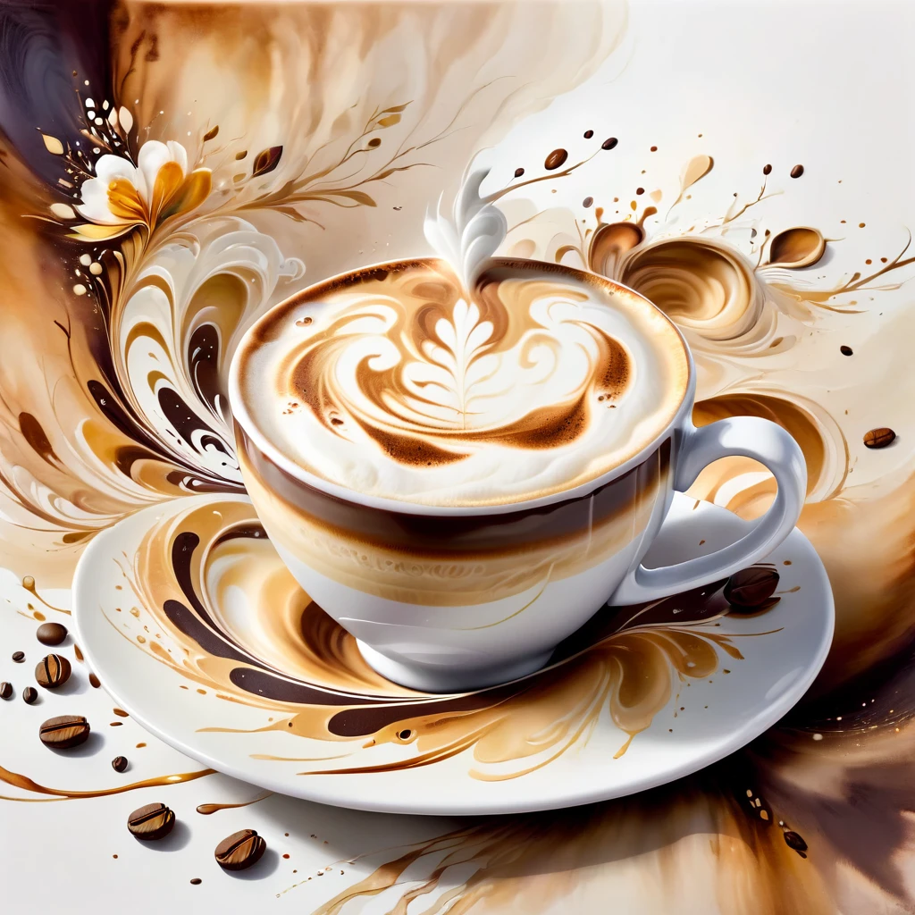 A stunning piece of conceptual art of a cappuccino, featuring a swirling pattern with a creamy background and intricate textures. The overall composition is vibrant and inviting, evoking the essence of a perfect coffee break. Stylish art nouveau with intricate undulations.