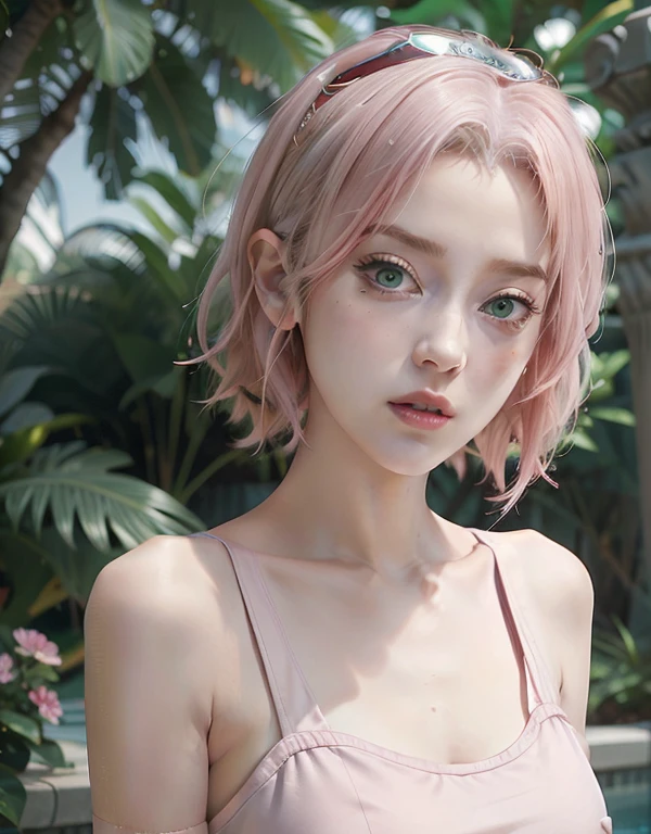 young woman, short shoulder-length pink hair, wide forehead, porcelain skin, pink eyebrows, big emerald green eyes, buttoned nose, full lips, heart-shaped face, slender body, small breasts, red tank top, Sakura Haruno , realistic, realism, details, 3d, well detailed