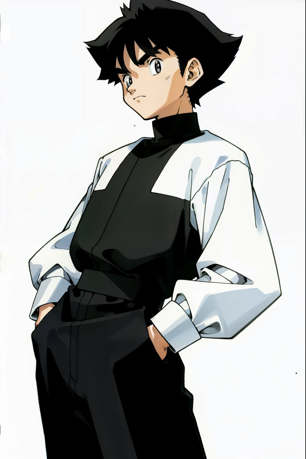 by Ken Sugimori, sugimori 1990s, ((only 1man)), black and white referee uniform, ((hands behind their back)), full black pupils, manga, best quality, highly detailed, clean lines, cowboy shot, good hands, good eyes, hd, 8k, professional, symmetrical, hires, 8k,