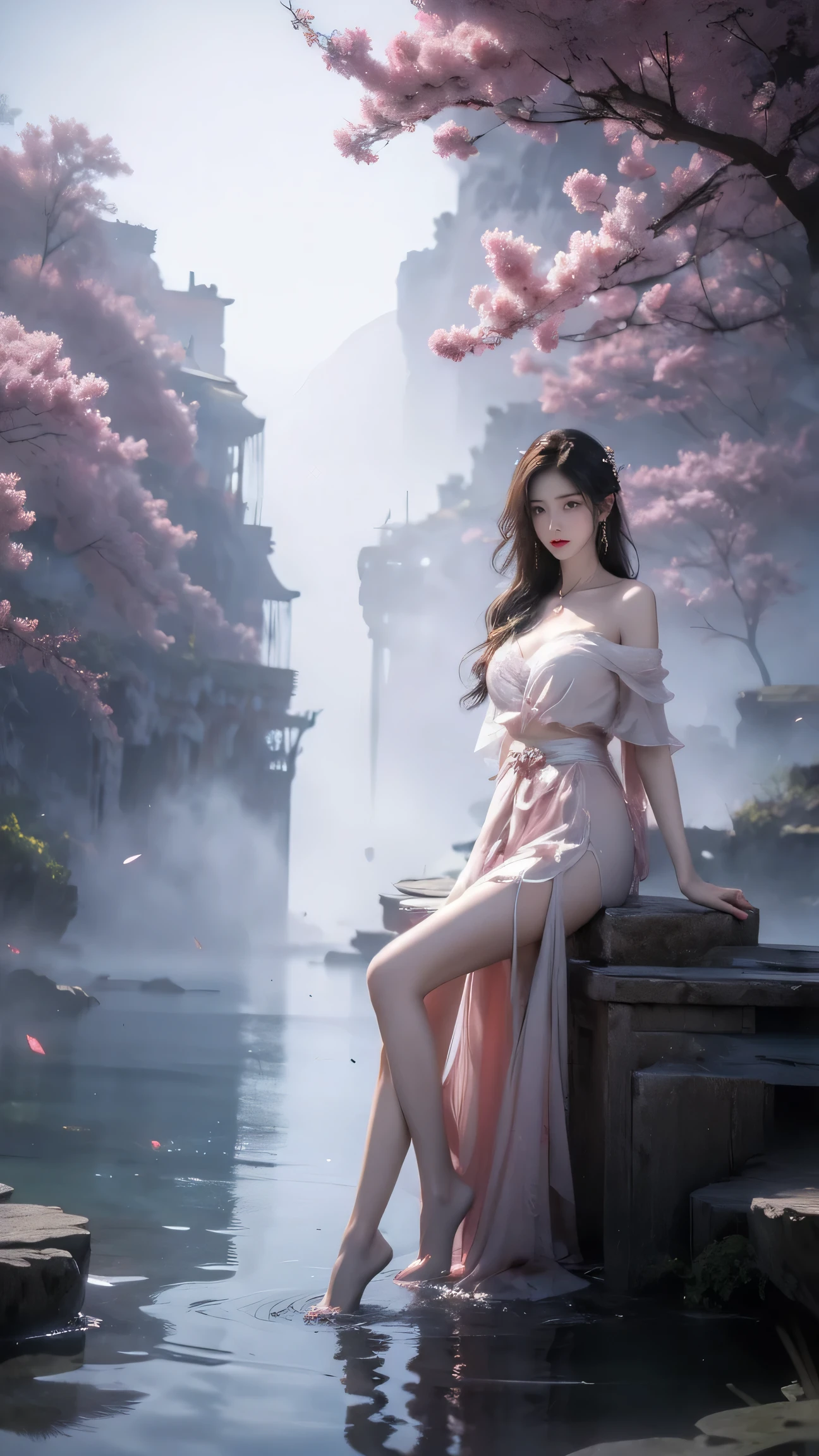 (masterpiece, best quality:1.2), 1 girl, alone, ((bare shoulders, The skirt is short)), In the depths of wonderland，Moonlight，Sit in the hot spring and play with water, sexy model，Slender sexy legs，very nice legs，Show sexy legs，big breasts，beautymystery colors。The face is beautiful and delicate，Otherworldly beauty。The light of wisdom。cherry colored lips，Revealing confidence and composure。The face is well defined，Skin as fair as jade，Reveal a healthy glow，Makeup is light and delicate，Show temperament and charm。Skin transparency，Bright and Vibrant。Charm and sophistication。Clothes fluttering，Action swing。beauty&#39;s scenery，Attractive posture。big breasts, beauty，grace，mystery，dream。