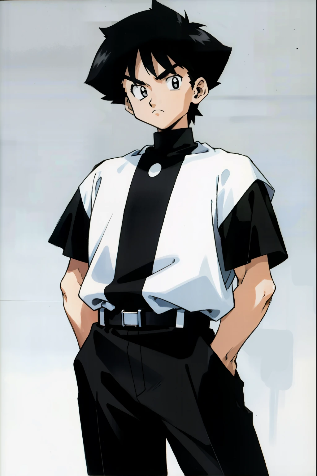 by Ken Sugimori, sugimori 1990s, ((only 1man)), black and white referee uniform, ((hands behind their back)), full black pupils, manga, best quality, highly detailed, clean lines, cowboy shot, good hands, good eyes, hd, 8k, professional, symmetrical, hires, 8k,