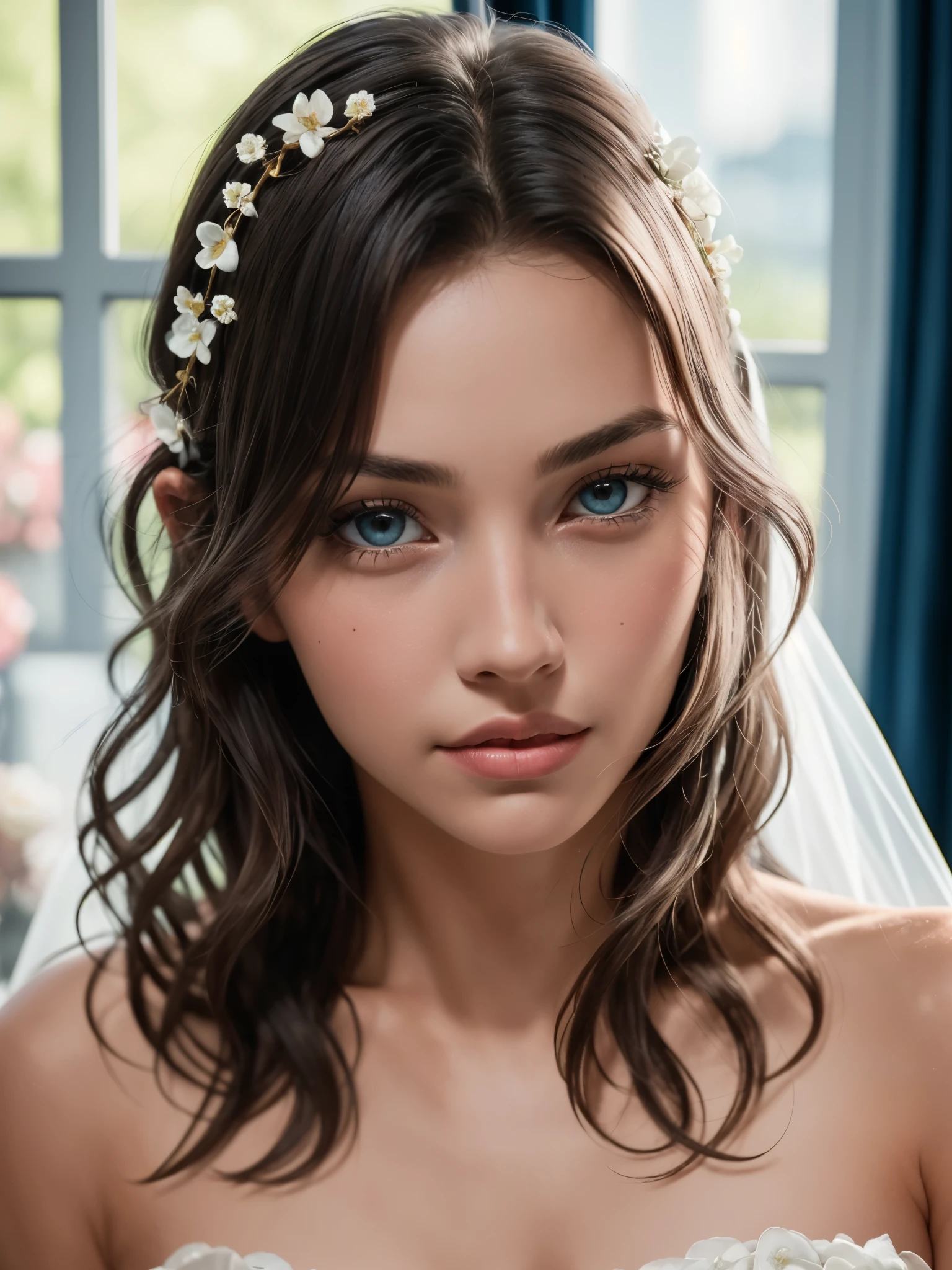 portrait of beautiful girl, BREAK, 1girl, detailed face, detailed face, loose bridal hair style, light brown wavy hair, (smile:0.6), parted lips, wedding flower decoration, bokeh, blurry background, High resolution, good lighting, despicable, embarrassed and blush, humiliating, Nikon D850, film photography, Kodak Portra 400, camera f1.6 lentilles, rich colors, hyper realistic, lifelike texture, dramatic lighting, Cinestill 800, 