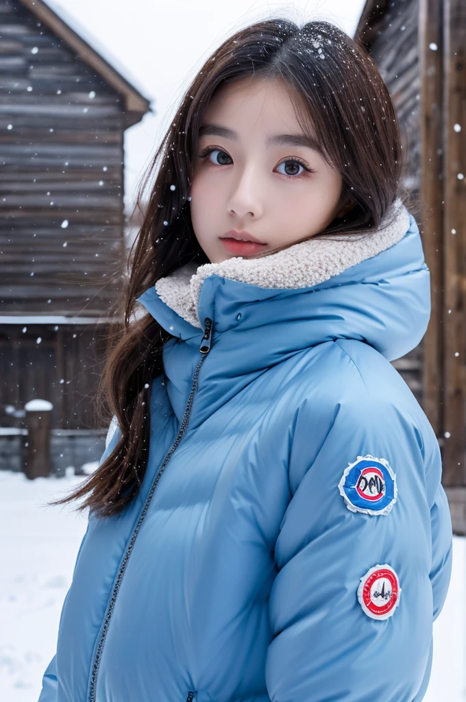 ultra realistic, 16K UHD photo of a 20-year-old Japanese girl, wearing a light blue Moncler-style glossy finish puffer down jacket, high collar fully zipped up, in a winter snowstorm, snow everywhere, heavy snow falling, misty, soft diffused lighting, highest quality, masterpiece, perfect figure, big eyes,