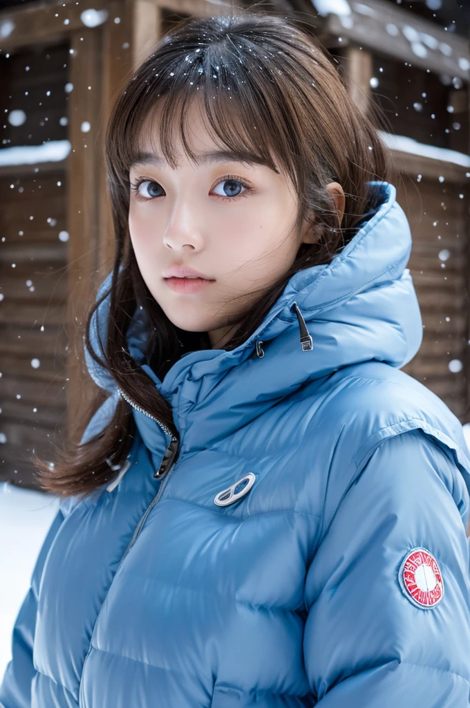 ultra realistic, 16K UHD photo of a 20-year-old Japanese girl, wearing a light blue Moncler-style glossy finish puffer down jacket, high collar fully zipped up, in a winter snowstorm, snow everywhere, heavy snow falling, misty, soft diffused lighting, highest quality, masterpiece, perfect figure, big eyes,