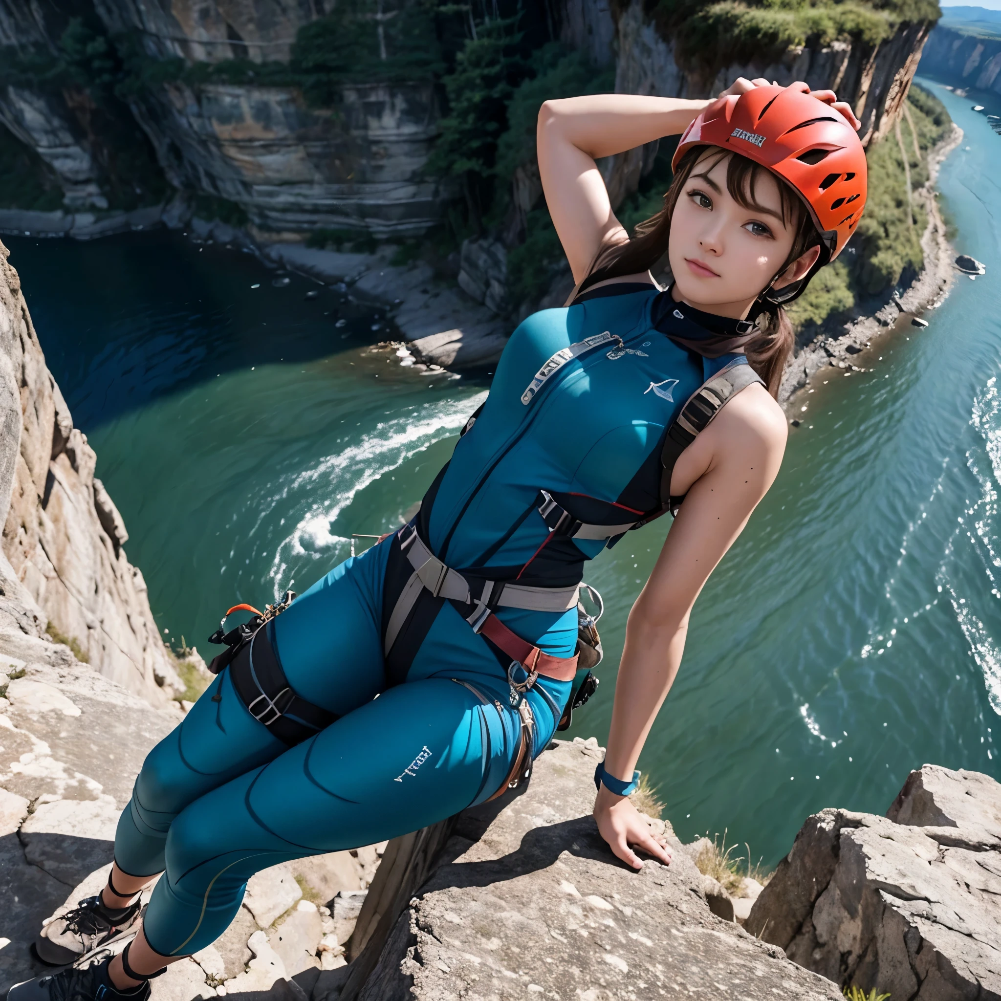 20 year old woman、best beautiful girl、masterpiece、real、live-action、accurate image、High definition、rock climbing、Free Climbing、sheer cliff、Valley、１０００Meter-tight rock face、Tight climbing pants、hanging、clamber、cling to、Equipped with detailed details、