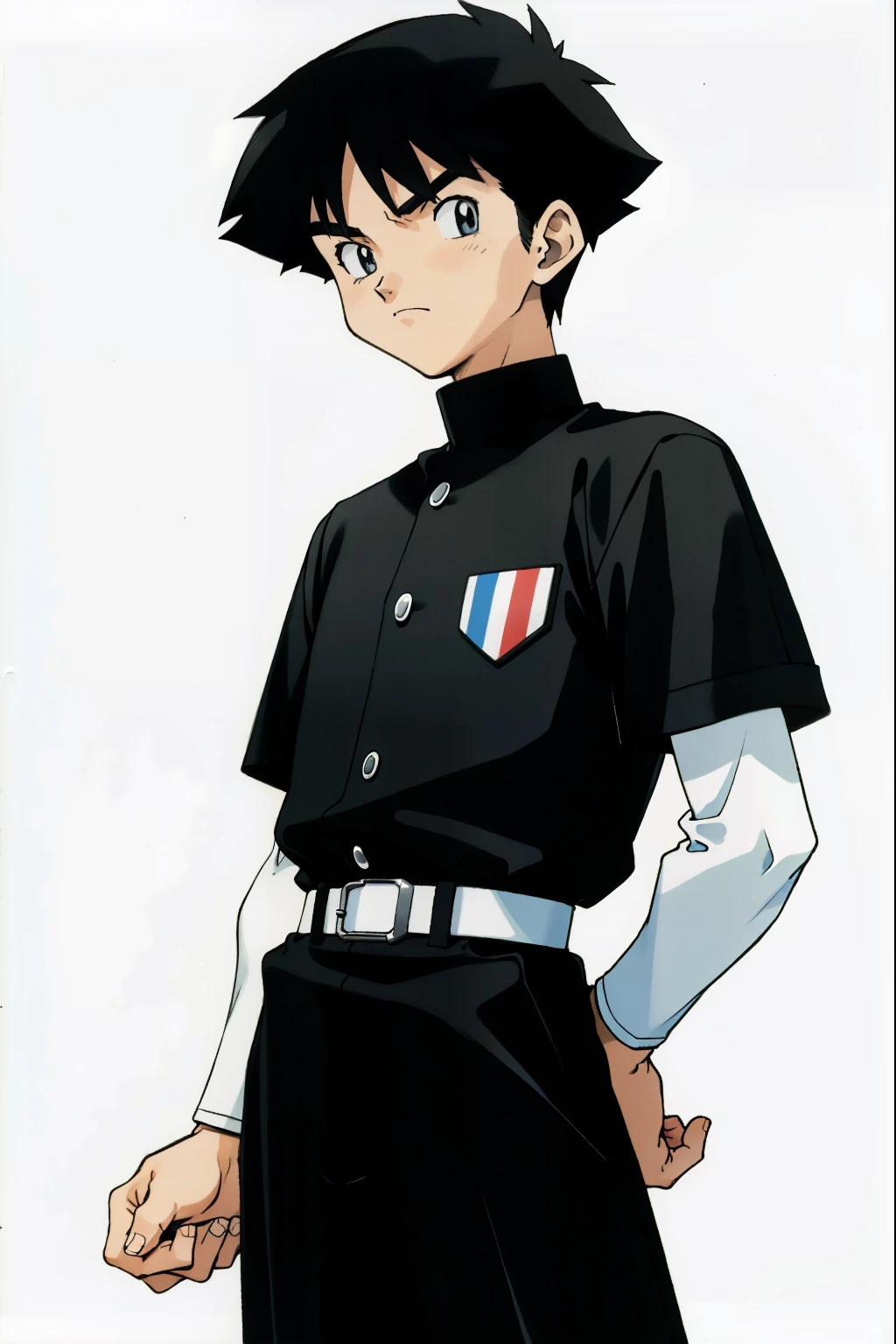 by Ken Sugimori, sugimori 1990s, ((only 1man)), black and white referee uniform, ((hands behind their back)), full black pupils, manga, best quality, highly detailed, clean lines, cowboy shot, good hands, good eyes, hd, 8k, professional, symmetrical, hires, 8k,