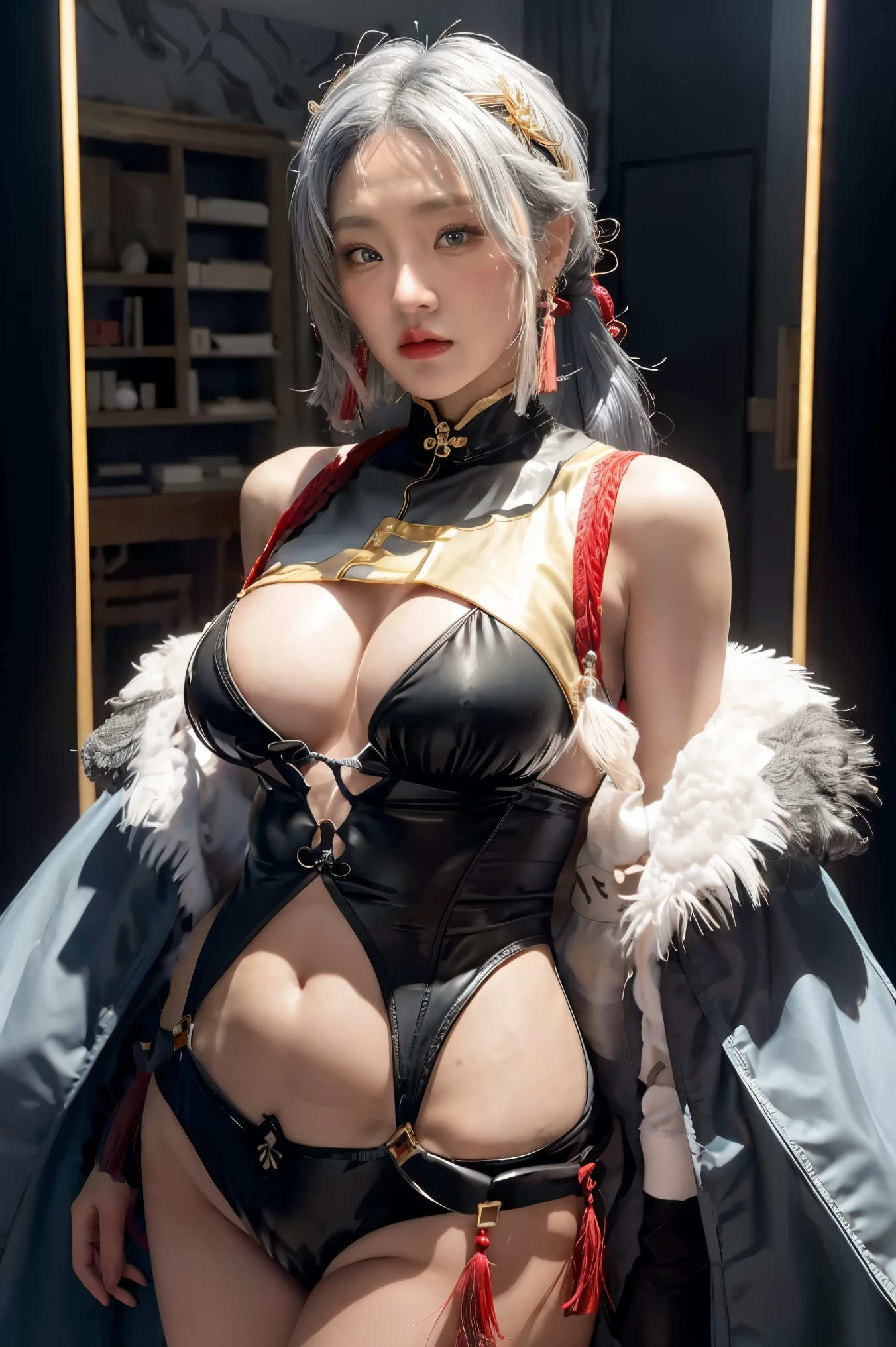 masutepiece, Best Quality,  1girl in,1 persons、shenhe \(GenshinImpact\), Grey Hair,Long hair,Hair Ornament, Blue eyes,braided ponytails,Puffy sleeves,gold trim,gloves,body suit,Large breasts,Colossal 、Breast curtain, shoulder cut out,Covered navel,hip vent,Clothes Cutout, tassels,greybackground,