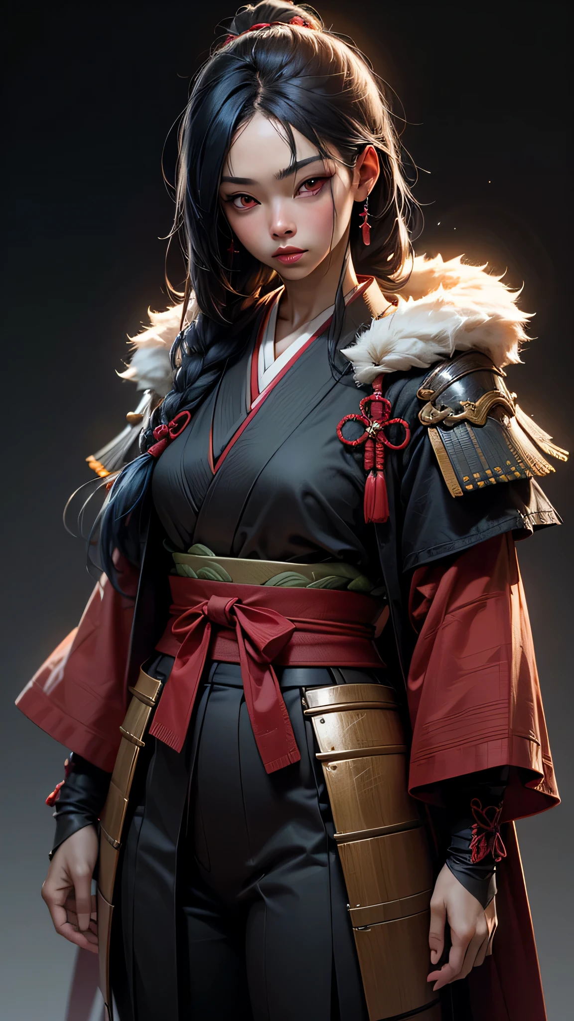 (High quality) (4k resolution) (HD texture) (realistic details).A young erotic samurai Japanese warrior girl, Long blue hair, red eyes, sexy outfit 