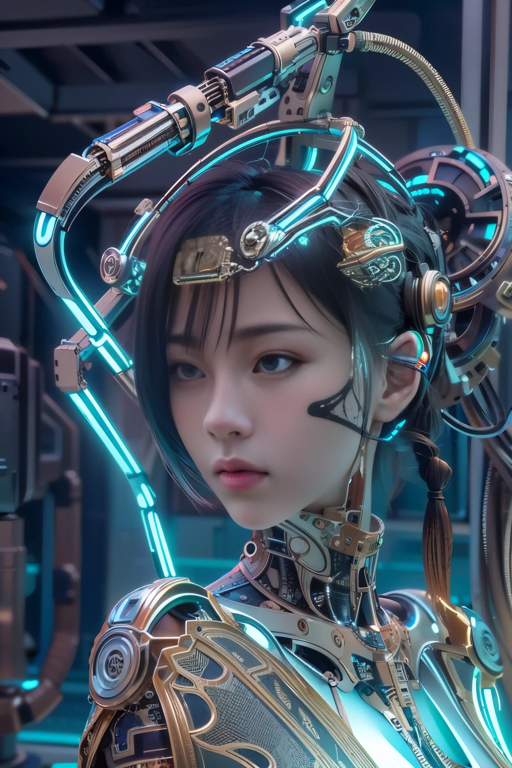 of the highest quality, masutepiece, Ultra High Resolution, ((Photorealistic: 1.4), Raw photo, 1 Cyberpunk Girl, Glossy skin, 1 Mechanical Girl, (super realistic details)), Mechanical limbs, Tubes connected to mechanical parts, Mechanical vertebrae (masterpiece, best quality:1.2), (8k uhd, 16k, 32k, ultra high res), (photorealistic:1.37), (RAW photo), ultimate-realistic, ultimate-realistic details, ultimate-realistic texture, ultimate-intricate details, ultimate-realistic lighting, ultimate-realistic shadow, japanese girl, ultimate-cute face, ultimate-RAW skin, ultimate-realistic eyes, attached to the spine, Mechanical cervical attachment to the neck, Wires and cables connecting to the head, Evangelion, Ghost in the Shell, Small glowing LED lamp, global lighting, Deep Shadows, Octane Rendering, 8K, ultrasharp, Metal, Intricate decoration details, Baroque style details, high intricate detailed, Realistic light, Trends in CG, Facing the camera, neon details, (android factory on background), Art by H.r. Giger and Alphonse Mucha.
