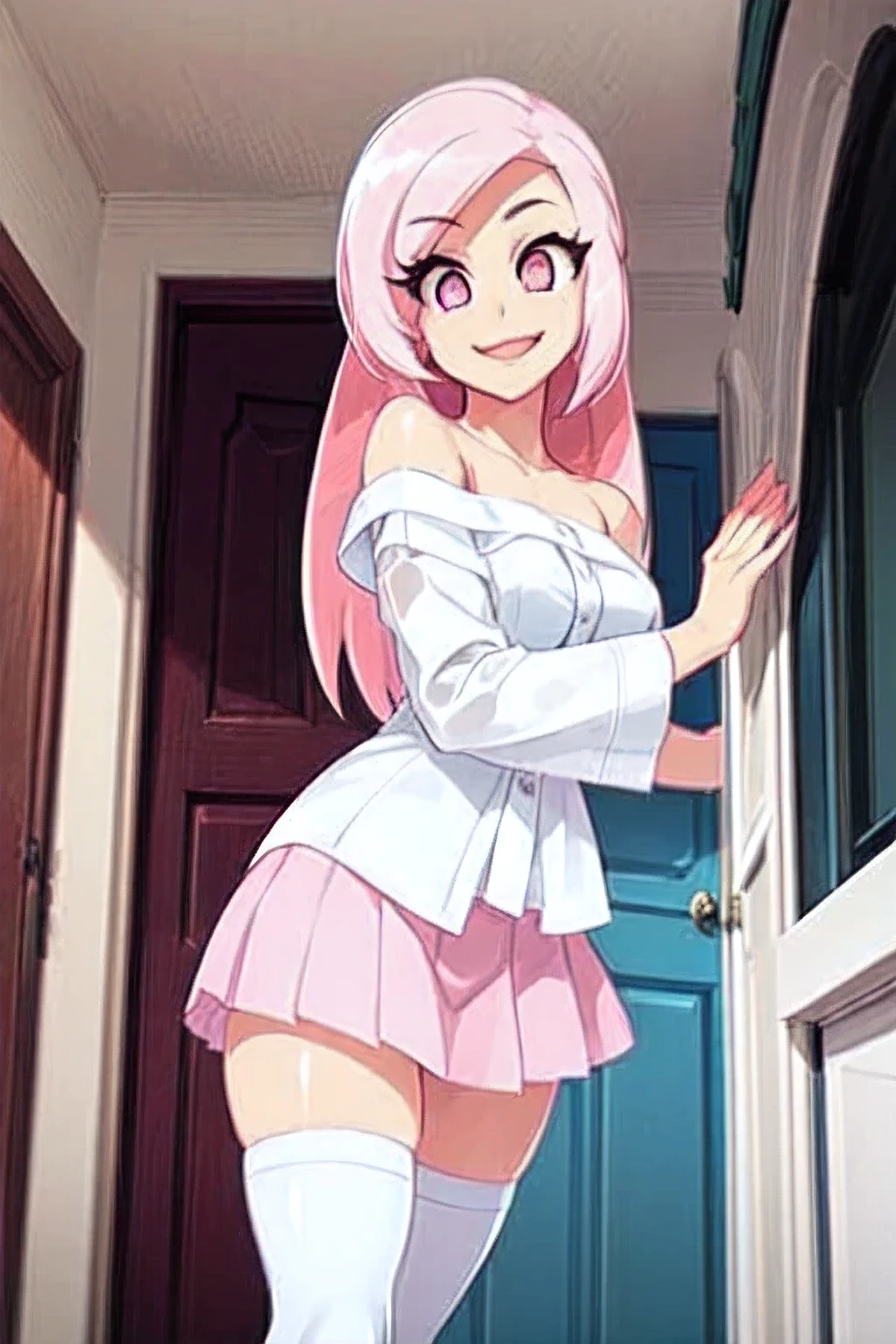 (masterpiece, best quality:1.2), 1girl, solo, Ami,Pink hair, Pink eyes, white mini skirt, white thighhigh boots, happy, excited expression, standing in bedroom joyful expression, white button bare shoulder shirt,cute, solo girl, looking at viewer, alone,