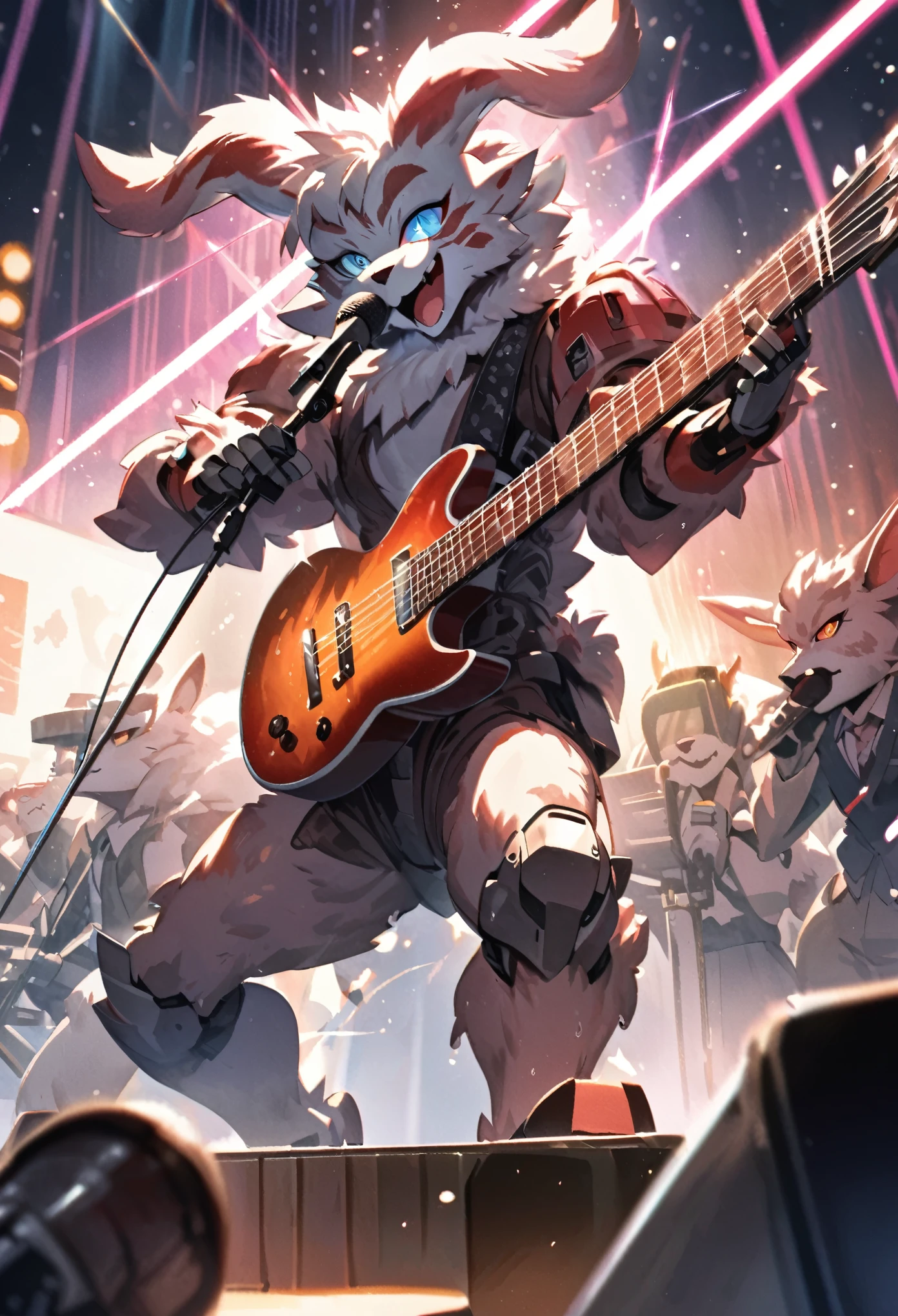 Top quality, picture book cover, movie poster, watercolor, fancy, four-headed, pale color (live house, laser beam, dazzling lighting, mechanized instrument, concert) (very detailed beautiful face and eyes) perfect (beastman) (beastman, playing a musical instrument, singing with a microphone, live performance, splashing sweat, standing on stage) (furry antro: 1. 2) (features of the animal's face on a furry body) (the muzzle of the animal is very detailed fur) full body, smile with an open mouth (dynamic pose),