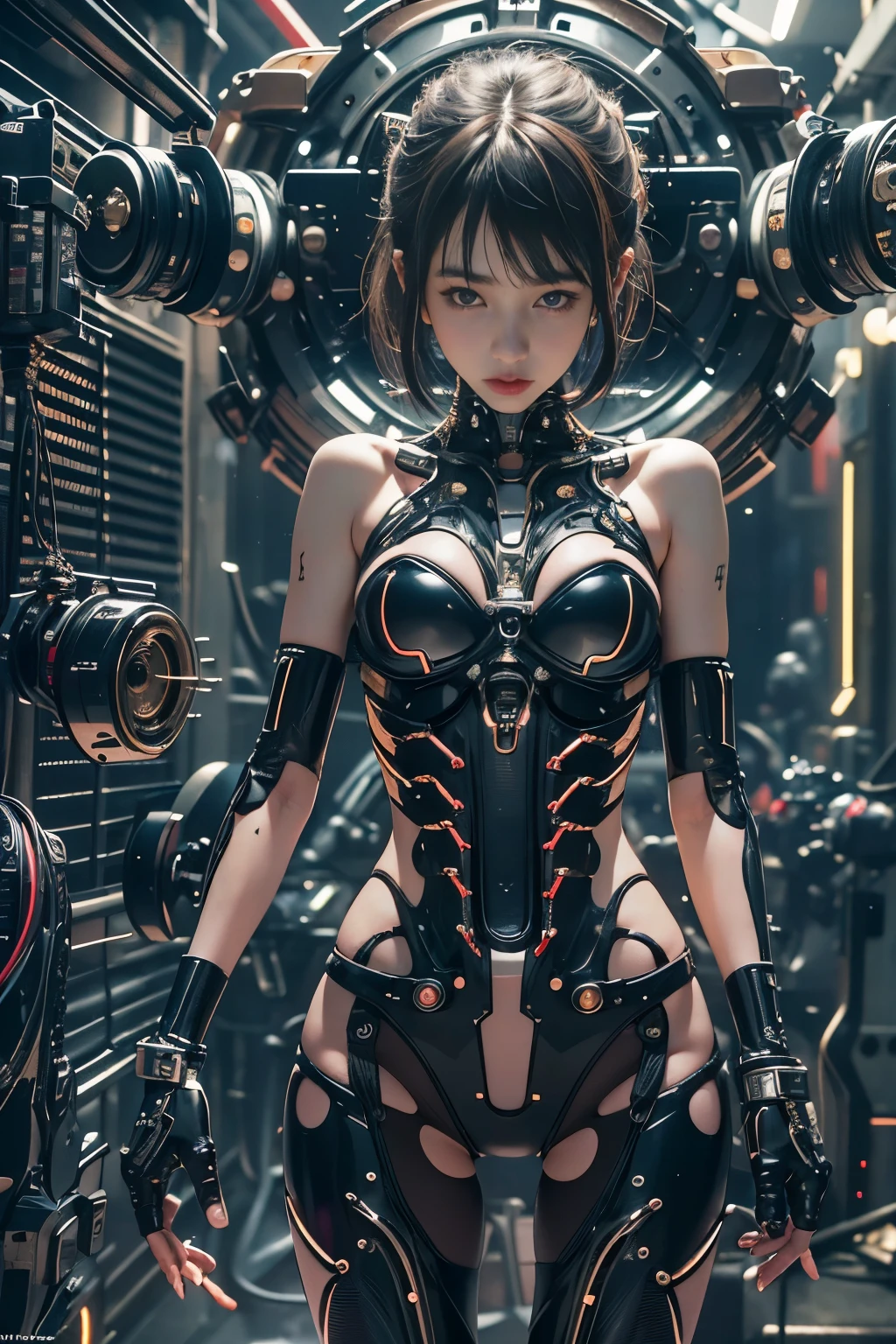 of the highest quality, masutepiece, Ultra High Resolution, ((Photorealistic: 1.4), Raw photo, 1 Cyberpunk Girl, Glossy skin, 1 Mechanical Girl, (super realistic details)), Mechanical limbs, Tubes connected to mechanical parts, Mechanical vertebrae (masterpiece, best quality:1.2), (8k uhd, 16k, 32k, ultra high res), (photorealistic:1.37), (RAW photo), ultimate-realistic, ultimate-realistic details, ultimate-realistic texture, ultimate-intricate details, ultimate-realistic lighting, ultimate-realistic shadow, japanese girl, ultimate-cute face, ultimate-RAW skin, ultimate-realistic eyes, attached to the spine, Mechanical cervical attachment to the neck, Wires and cables connecting to the head, Evangelion, Ghost in the Shell, Small glowing LED lamp, global lighting, Deep Shadows, Octane Rendering, 8K, ultrasharp, Metal, Intricate decoration details, Baroque style details, high intricate detailed, Realistic light, Trends in CG, Facing the camera, neon details, (android factory on background), Art by H.r. Giger and Alphonse Mucha.