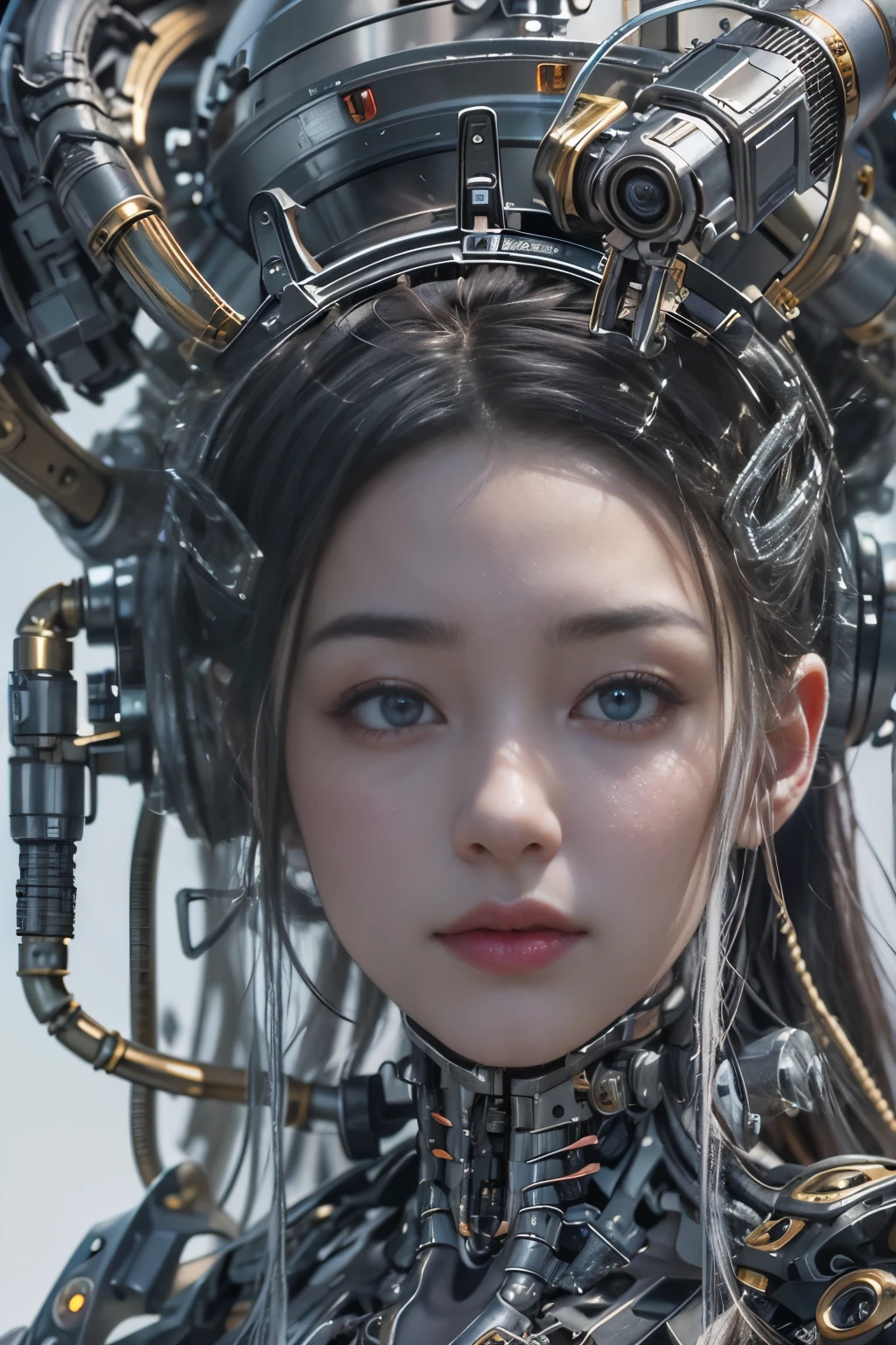of the highest quality, masutepiece, Ultra High Resolution, ((Photorealistic: 1.4), Raw photo, 1 Cyberpunk Girl, Glossy skin, 1 Mechanical Girl, (super realistic details)), Mechanical limbs, Tubes connected to mechanical parts, Mechanical vertebrae (masterpiece, best quality:1.2), (8k uhd, 16k, 32k, ultra high res), (photorealistic:1.37), (RAW photo), ultimate-realistic, ultimate-realistic details, ultimate-realistic texture, ultimate-intricate details, ultimate-realistic lighting, ultimate-realistic shadow, japanese girl, ultimate-cute face, ultimate-RAW skin, ultimate-realistic eyes, attached to the spine, Mechanical cervical attachment to the neck, Wires and cables connecting to the head, Evangelion, Ghost in the Shell, Small glowing LED lamp, global lighting, Deep Shadows, Octane Rendering, 8K, ultrasharp, Metal, Intricate decoration details, Baroque style details, high intricate detailed, Realistic light, Trends in CG, Facing the camera, neon details, (android factory on background), Art by H.r. Giger and Alphonse Mucha.