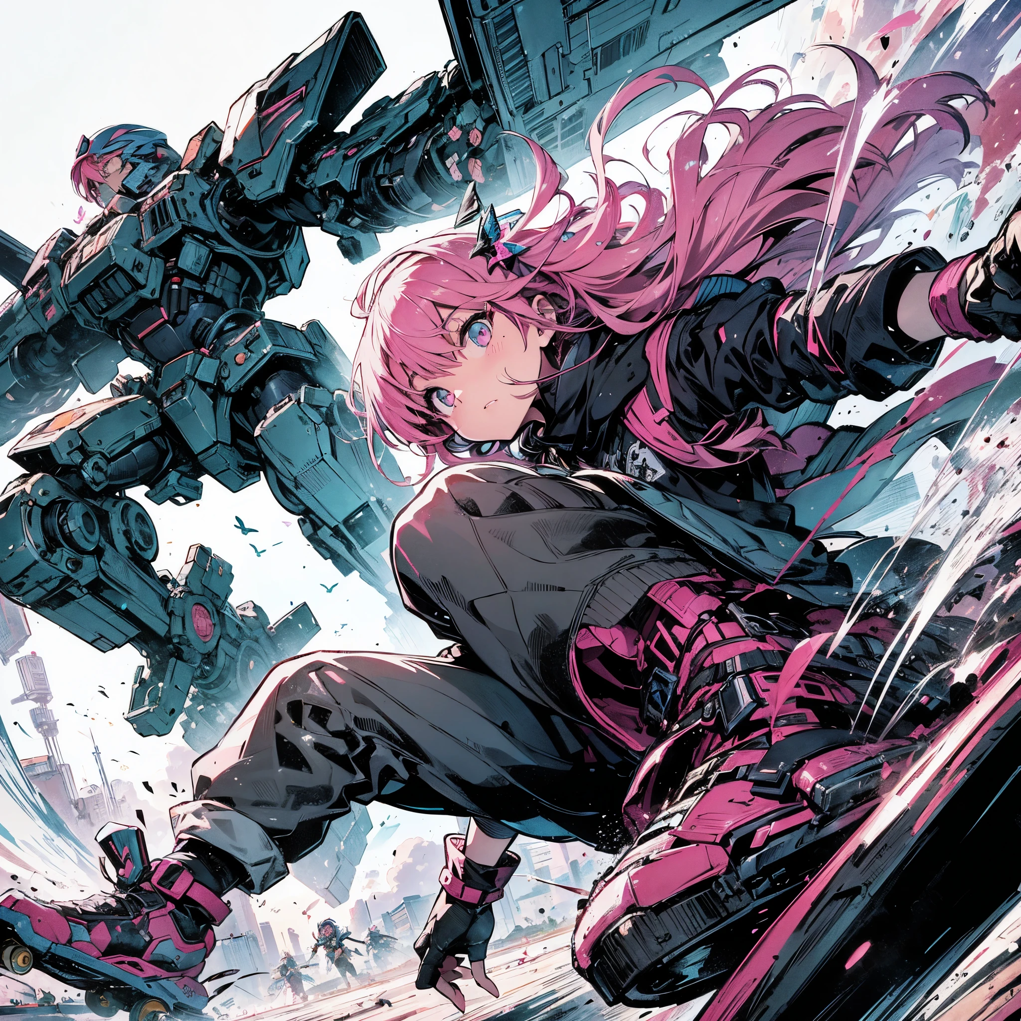 
Sci-Fi style anime illustration, rough and intense illustration of Pink-chan, a 20-year-old character, jumping high in the sky on a mecha skateboard. The background depicts a mecha air-surfing high in the sky and a dynamic jump to the sky with elements of breakdancing. The images are dynamic and dynamic from below, using thick, exaggerated lines and brush strokes to emphasize the accelerated speed and mecha-gimmick-packed action. Pink-chan has medium-length pink hair with blue highlights, light blue eyes, and a small mole next to her left eye. She has a slim figure of about 150 cm tall and wears a modern white hoodie and a blue butterfly hair ornament. The background is an urban skate park, painted with a rough hand-drawn aesthetic, which heightens the sense of wild energy and movement.