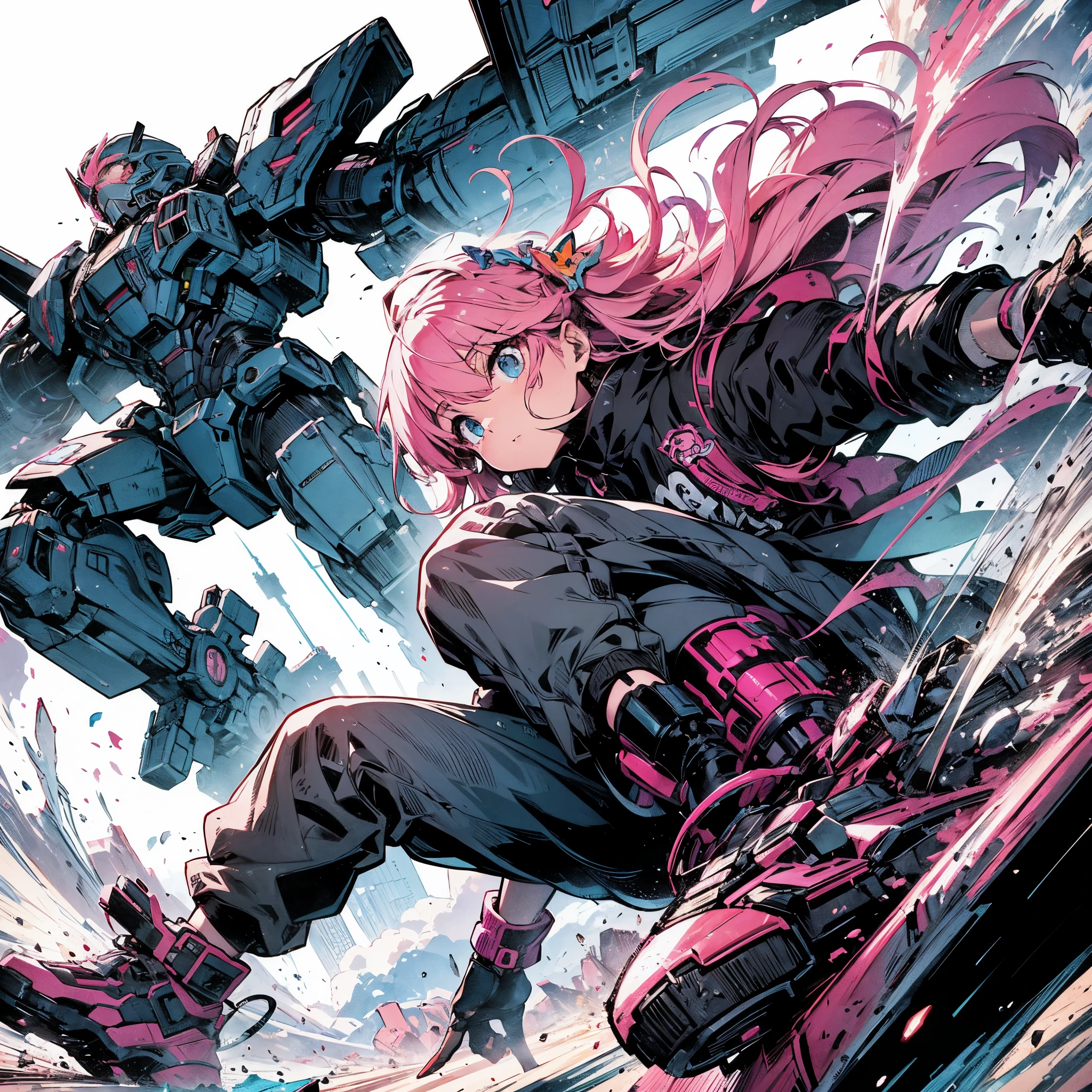 Sci-Fi style anime illustration, rough and intense illustration of Pink-chan, a 20-year-old character, jumping high in the sky on a mecha skateboard. The background depicts a mecha air-surfing high in the sky and a dynamic jump to the sky with elements of breakdancing. The images are dynamic and dynamic from below, using thick, exaggerated lines and brush strokes to emphasize the accelerated speed and mecha-gimmick-packed action. Pink-chan has medium-length pink hair with blue highlights, light blue eyes, and a small mole next to her left eye. She has a slim figure of about 150 cm tall and wears a modern white hoodie and a blue butterfly hair ornament. The background is an urban skate park, painted with a rough hand-drawn aesthetic, which heightens the sense of wild energy and movement.