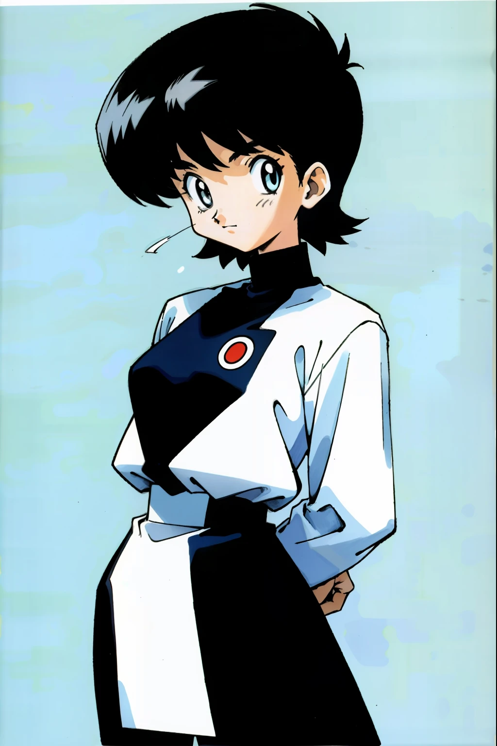 by Ken Sugimori, sugimori 1990s, ((only 1woman)), black and white referee uniform, ((hands behind their back)), full black pupils, manga, best quality, highly detailed, clean lines, cowboy shot, good hands, good eyes, hd, 8k, professional, symmetrical, hires, 8k,