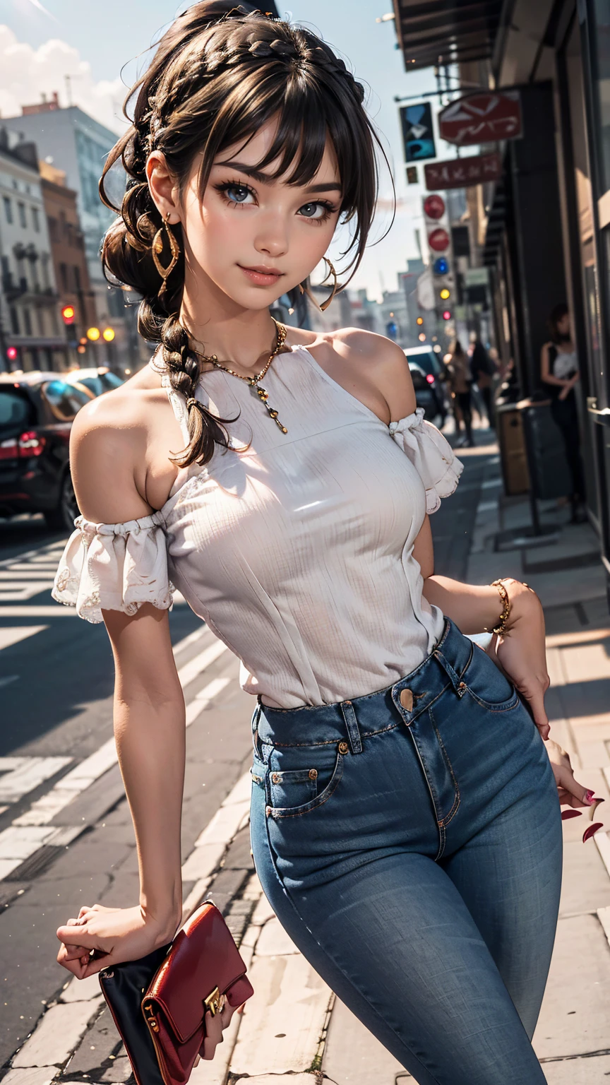 最high quality, 8K, masterpiece: 1.3, Ultra HD, high quality, 最high quality, High resolution, realism)) 、25 year old white woman、brunette、blue eyes、long hair、smile、slender、slenderだがアスリートのような細マッチョ、I don't want my head to disappear from the screen.、Wear accessories on your wrist、Wearing red nail polish、I have a peticure、aerial perspective((atmospheric perspective))、smile((smiley))、background blur((depth of field)、Wear a sheer one-shoulder dress、Wear low rise skinny jeans、Wear stiletto heels、have a clutch bag、City center background、crystal earrings((crystal earrings))、Braided ponytail((braided ponytail))、Bangs at the parting((parted bangs))、Barrette((hairclip))Put on
