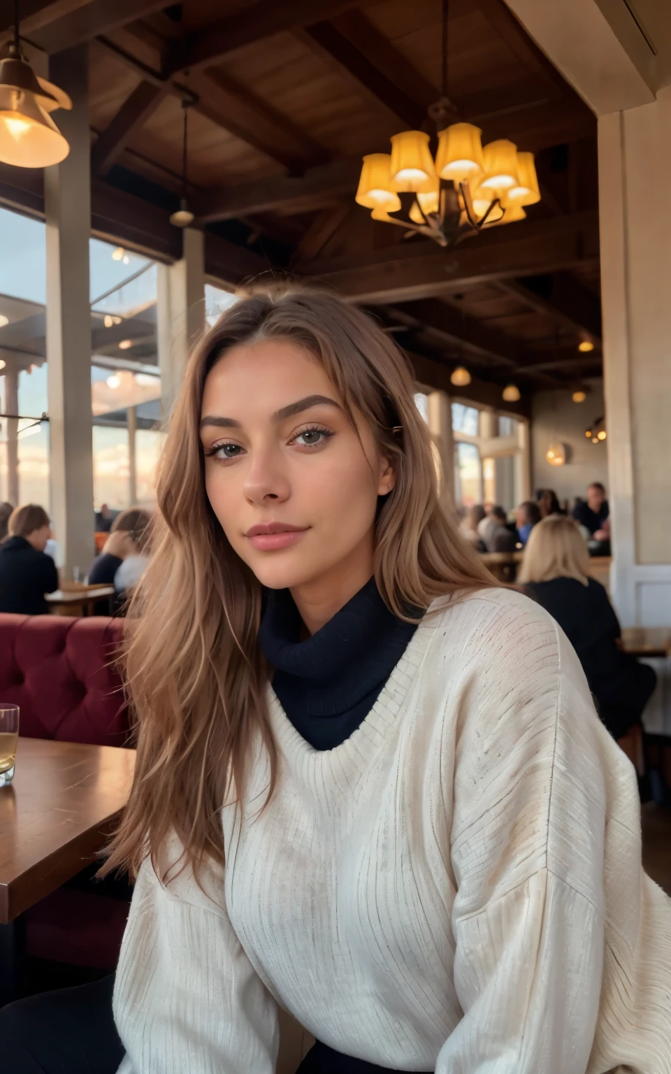 cute beautiful dark baleage blonde wearing yellow sweater "old money style "(inside a modern cafe at sunset), very detailed, 21 years old, inoccent face, natural long dark blonde wave hair, blue eyes, high-res, masterpiece, best quality,intricate details, highly detailed,sharp focus, detailed skin,realistic skin texture,texture, detailed eyes, professional, 4k, charmer smile, shot on Canon, 85mm,shallow depth of field,kodak vision color, perfect fit body, extremely detailed, photo_\(ultra\), photorealistic, realistic, post-processing, max detail, roughness, real life, ultra realistic, photorealism, photography, 8k uhd, photography