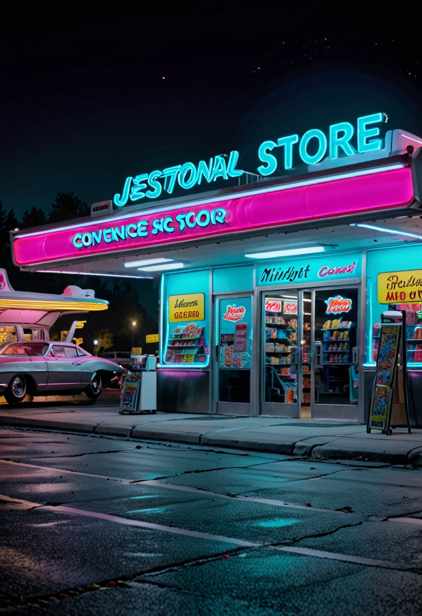 
long shot, ((Jetsons style:1.5)), ((big flying midnight convenience store, floating in space, otherworldly, other planet, futuristic, with aliens shopping: 1.5)), (futuristic city , street with flying cars that fly at midnight: 1.3, ((sign with text, "24-hour store" in neon magenta:1.3)), streetlight lighting, masterpiece, hyper-realistic, highly detailed and well-defined, award - winning image, beautiful photography, high resolution, masterpiece:1.2, HDR, ultra detailed, 8k